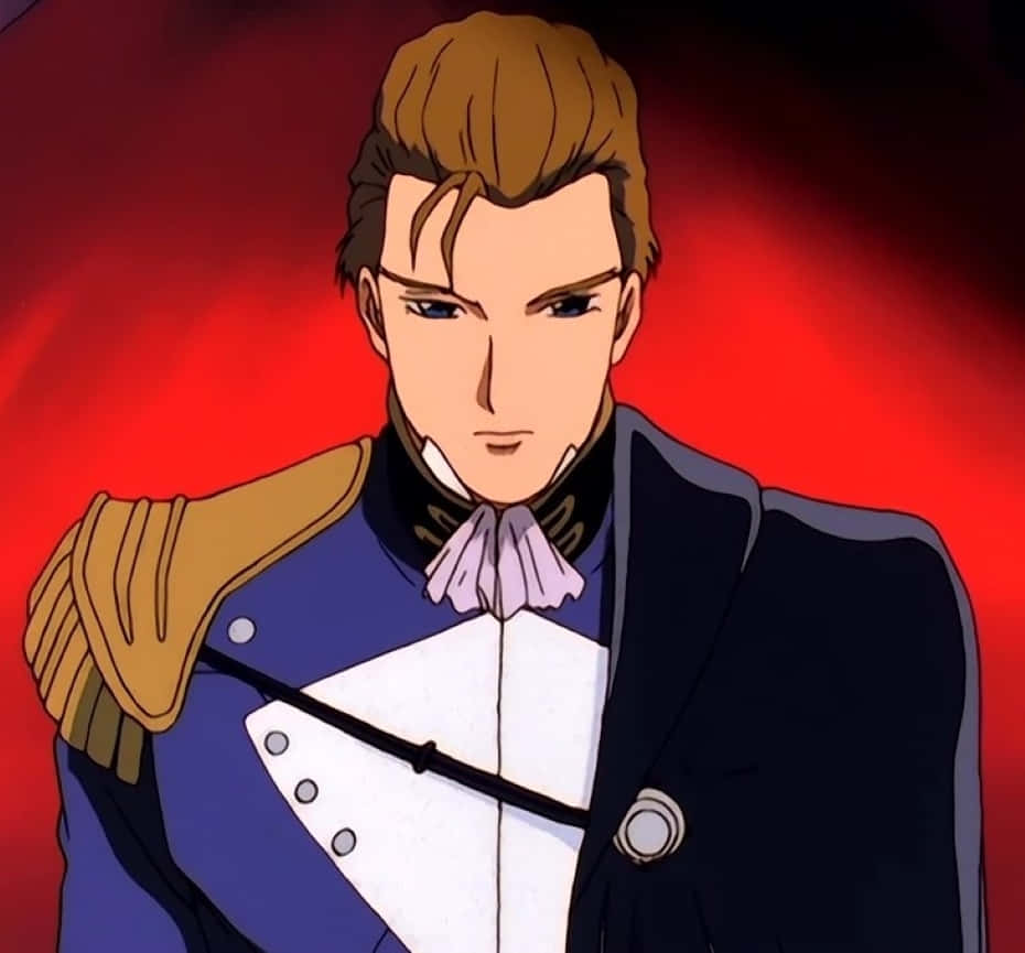 treize khushrenada 桌布 壁紙 — 一位身穿藍金色制服、表情嚴肅的動畫軍官站在發光的紅色背景前。