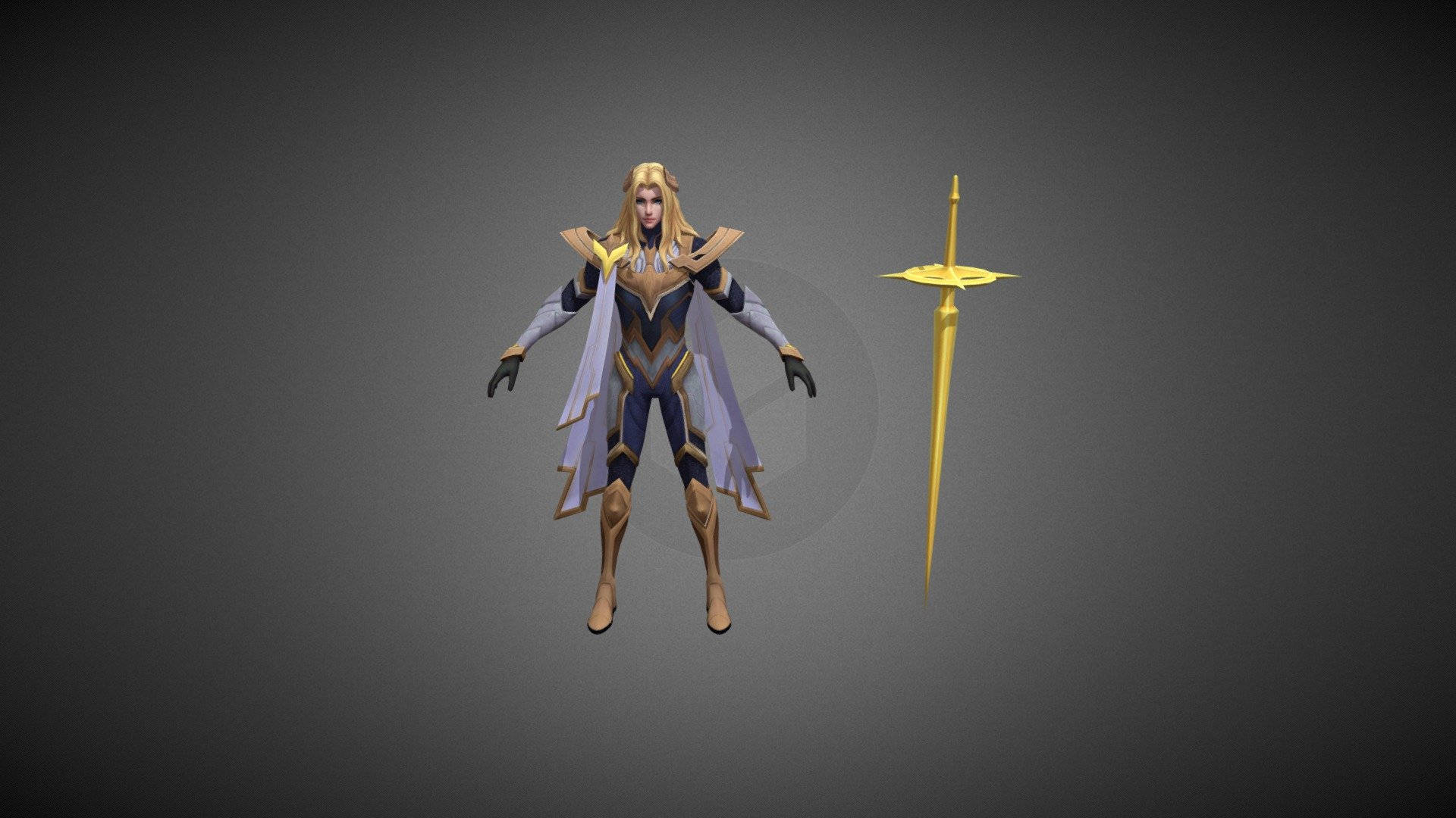 Mobile Legends 動態圖 桌布 壁紙 — 一位身穿藍金色盔甲、披著飄逸白色斗篷的女性奇幻戰士，站在發光的金色劍旁，背景為深灰色。