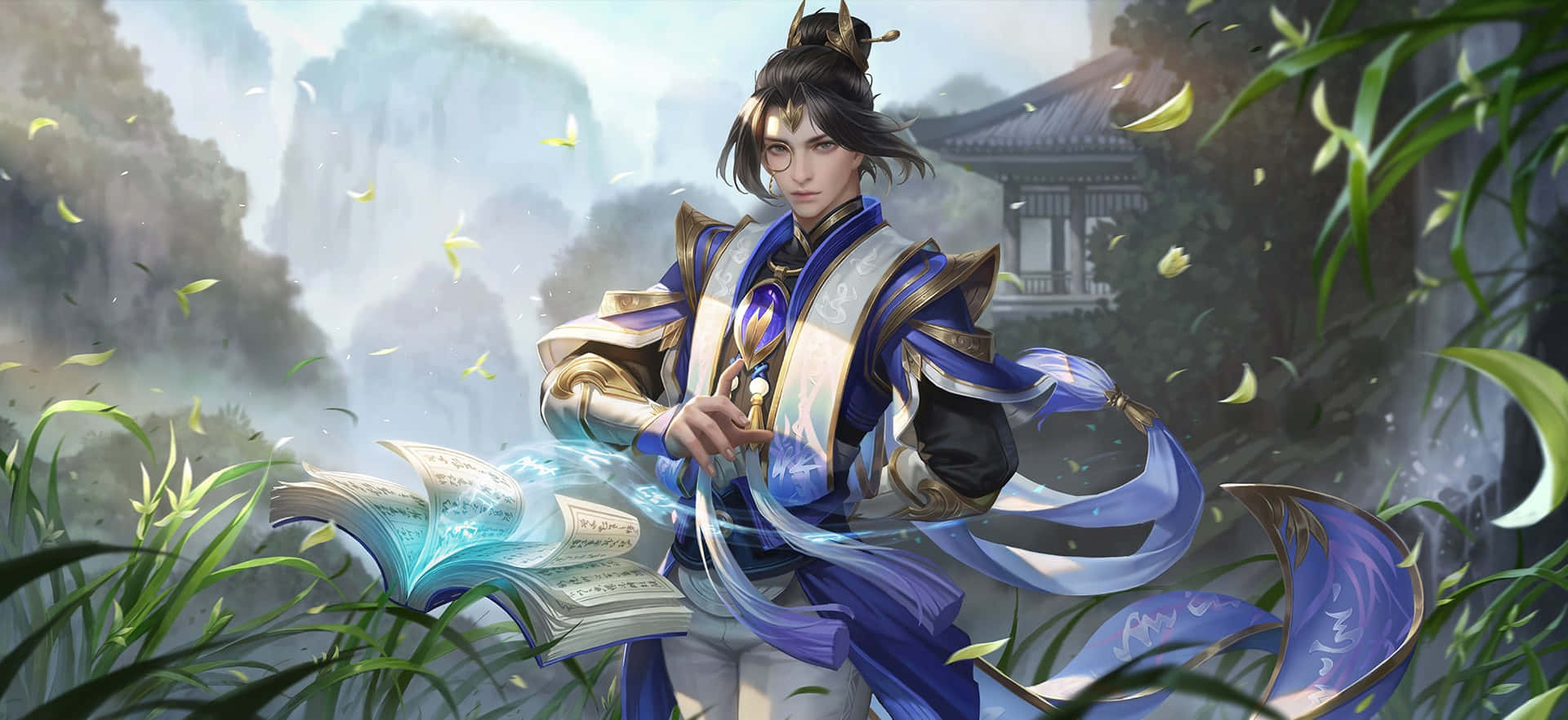 動漫藝術GIF 桌布 壁紙 — 一位身穿藍金鎧甲的威嚴動漫戰士，站在霧氣繚繞的山巒和飄落的樹葉之間，從一本打開的發光書中施展魔法。