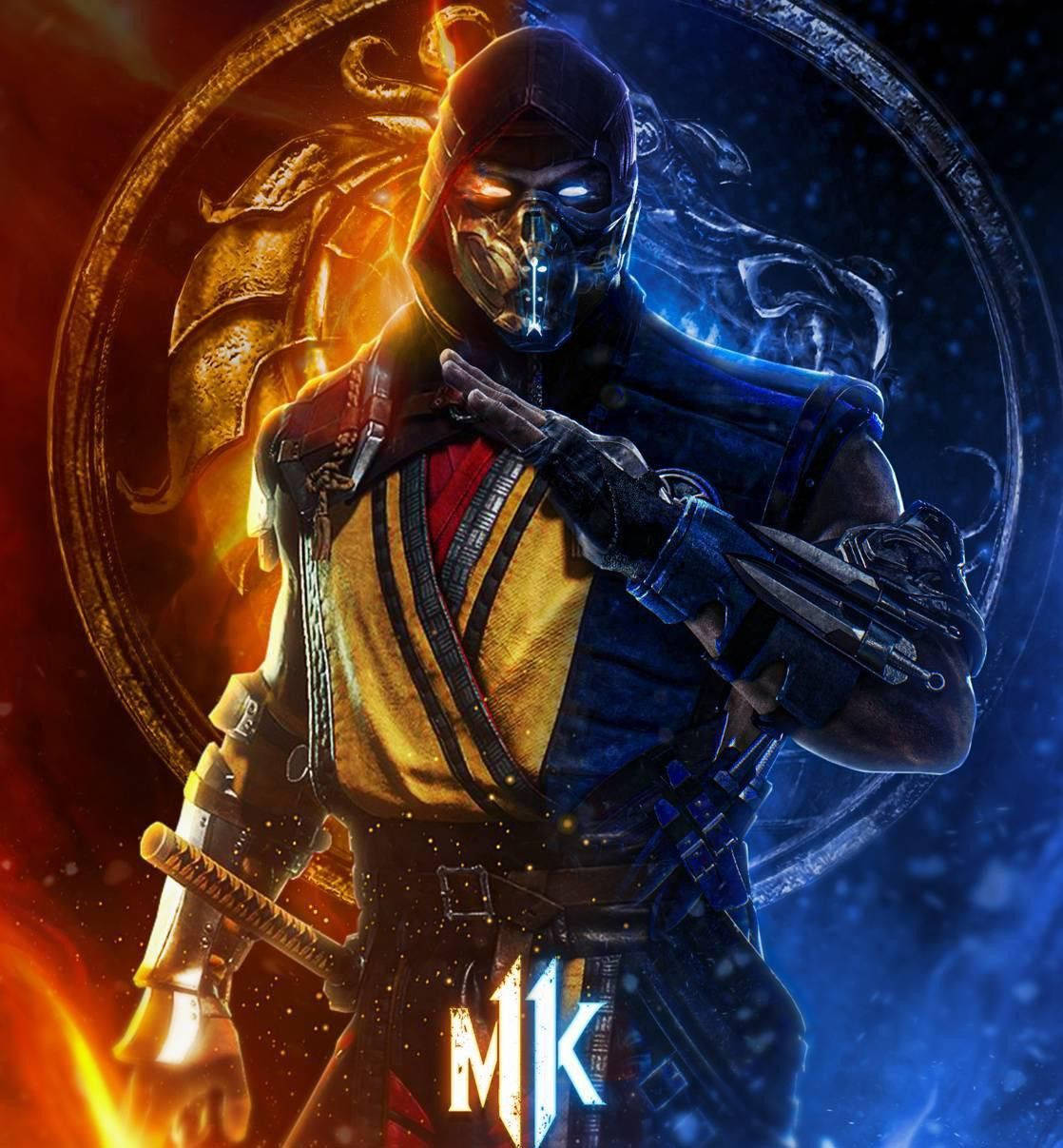 mortal kombat scorpion vs sub zero 桌布 壁紙 — 一位身穿藍金鎧甲的蒙面戰士，在熾熱與冰寒的宇宙背景下，雙眼發光，蓄勢待發。