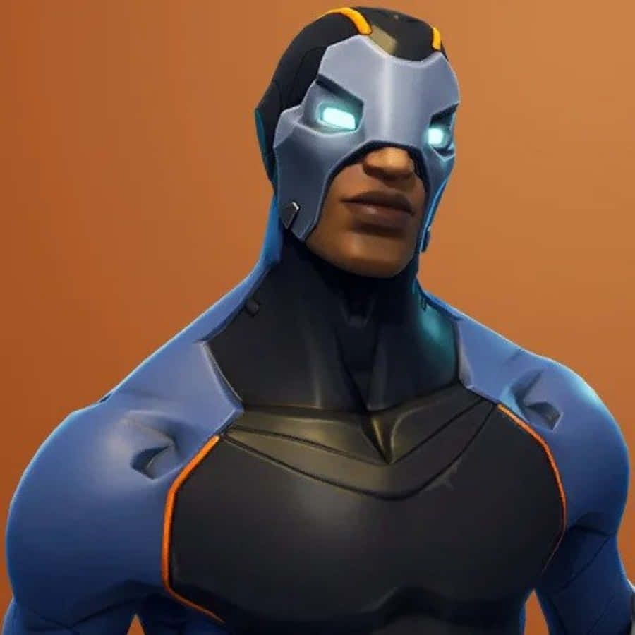 Fortnite Skins Battle Royale 桌布 壁紙 — 一位身穿藍黑套裝、眼睛發光的未來超級英雄，站在純橙色背景前。
