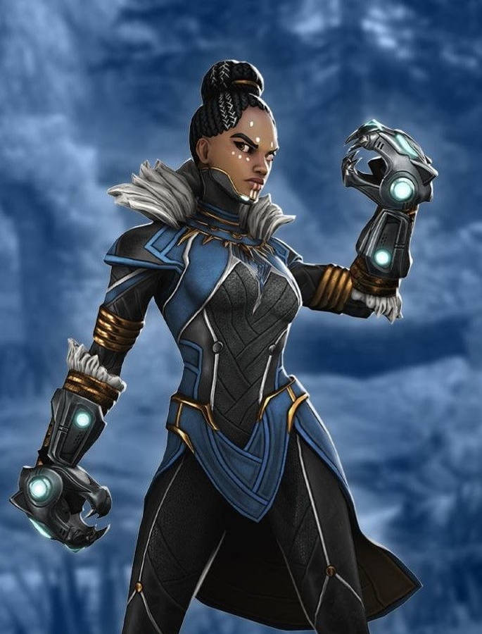 Shuri 桌布 壁紙 — 一位身穿藍黑盔甲、戴著發光護手的兇猛女戰士，在暴風雨般的藍色背景下準備就緒。