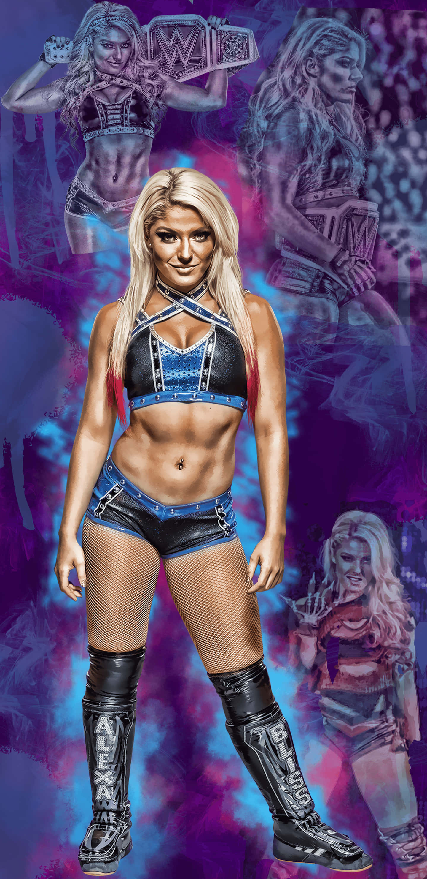 Alexa Bliss 桌布 壁紙 — 一位身穿藍黑色裝備的女摔角手，自信地站在充滿活力的紫色和藍色背景前，手持她的冠軍腰帶。
