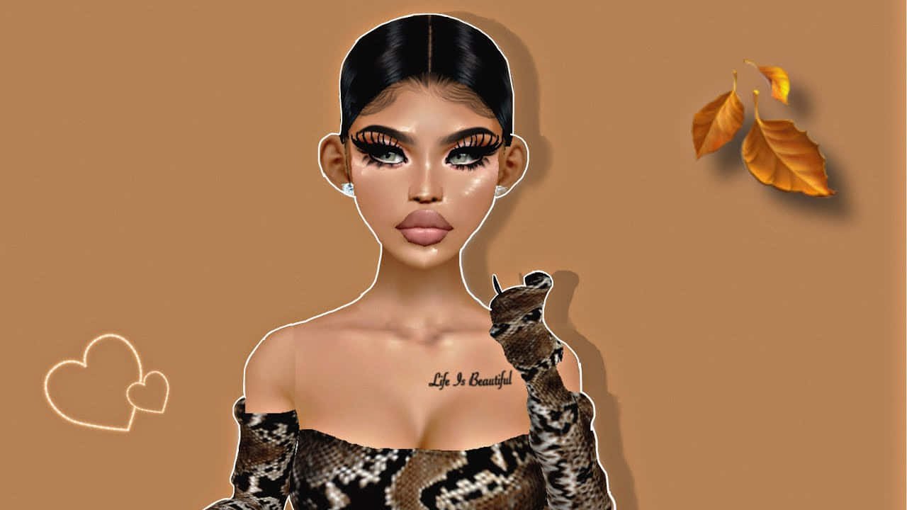 imvu 桌布 壁紙 — 一位身穿蛇皮上衣的女性風格化數位肖像，周圍漂浮著秋葉和心形。