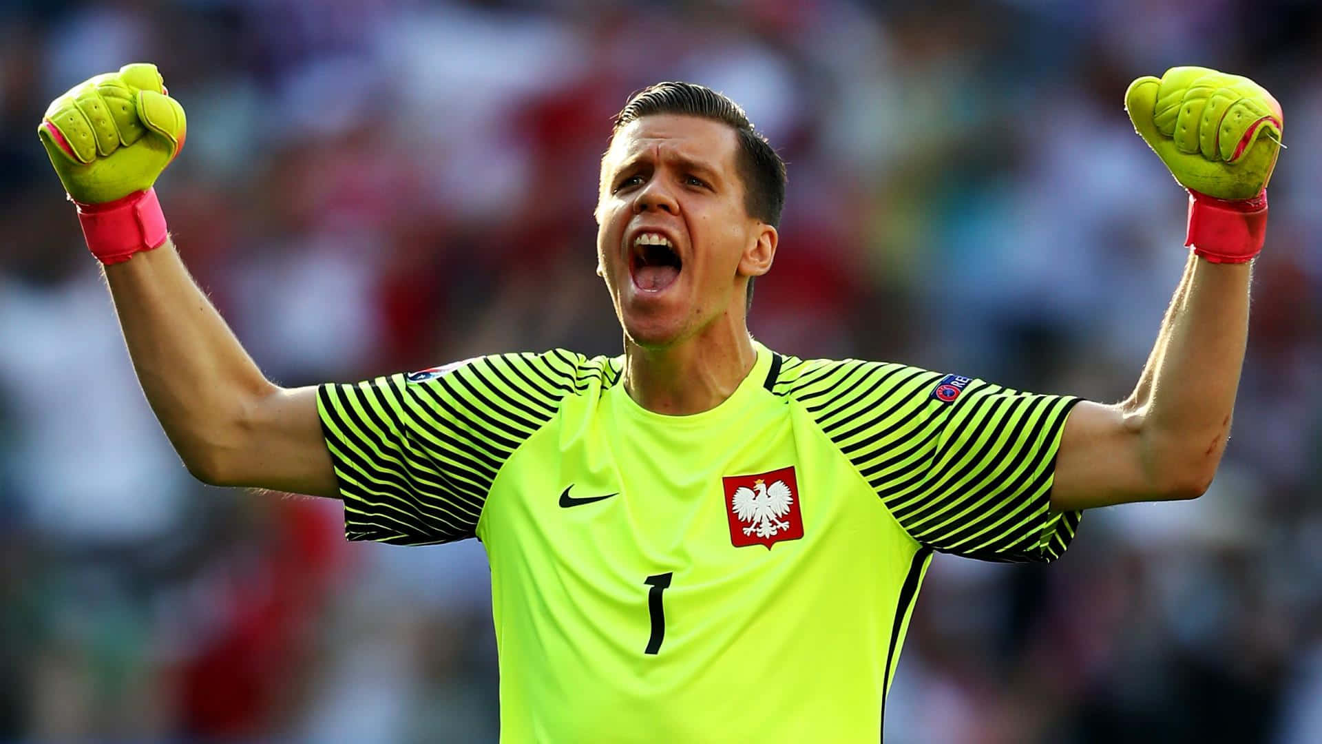 Wojciech Szczesny 桌布 壁紙 — 一位身穿螢光黃色球衣和手套的波蘭足球門將在體育場內高舉拳頭、張開嘴巴，勝利地慶祝。
