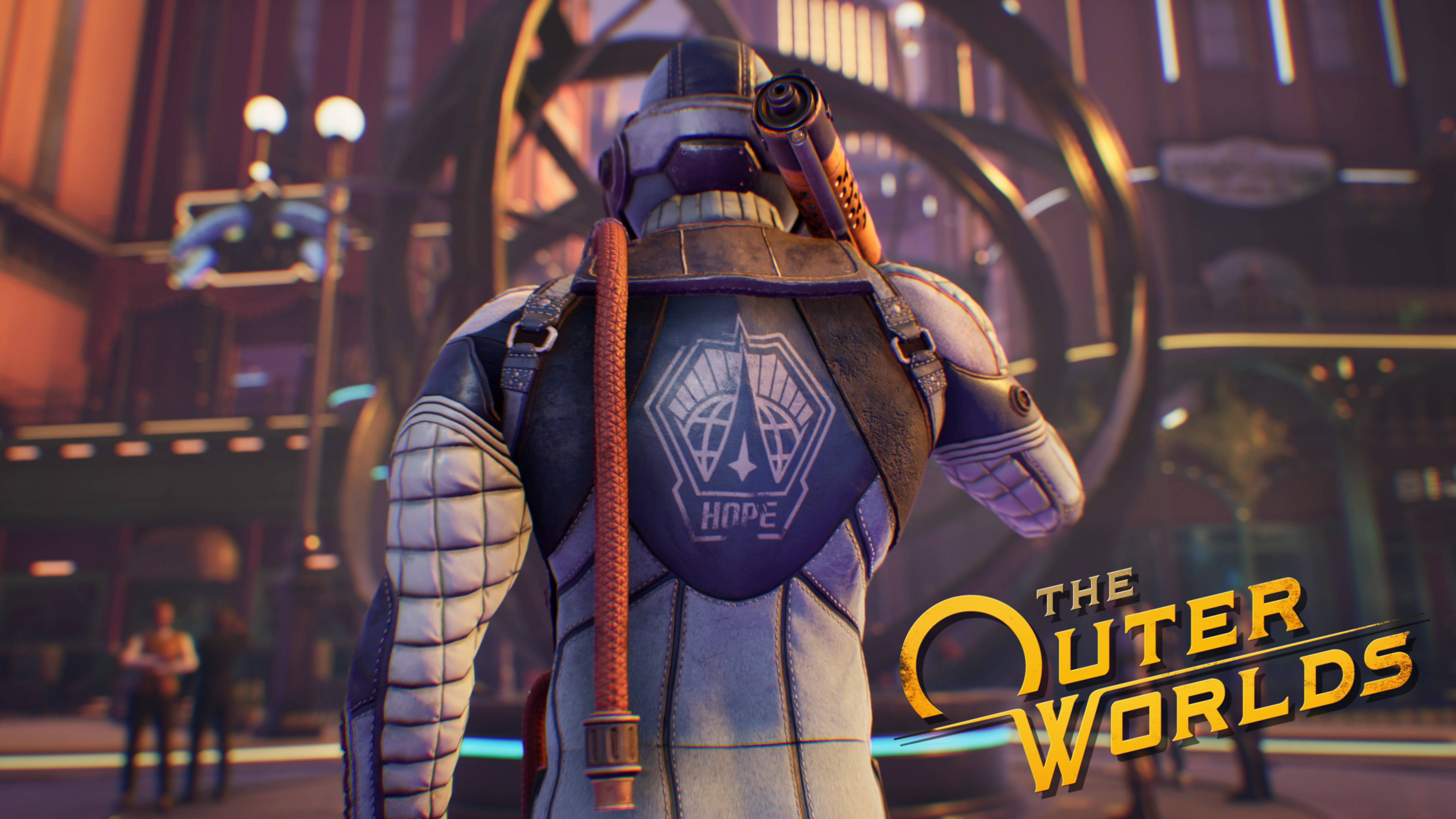 Outer Worlds 桌布 壁紙 — 一位身穿裝甲服的未來太空探險家背對觀眾，站在霓虹燈光科幻城市景觀中。
