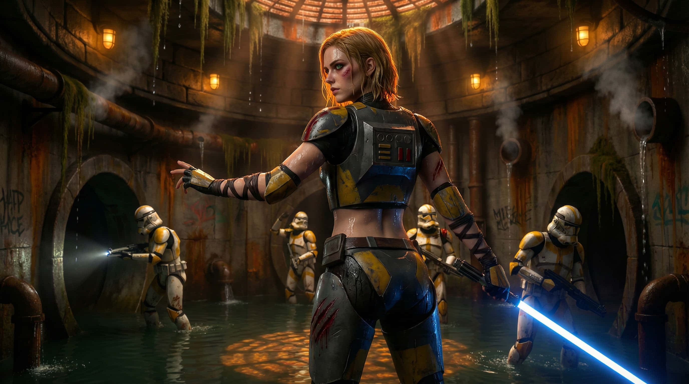 Star Wars Aesthetic 桌布 壁紙 — 一位身穿裝甲的女戰士在淹水的工業隧道中挑釁地站立，而風暴兵帶著爆能槍和光劍前進。
