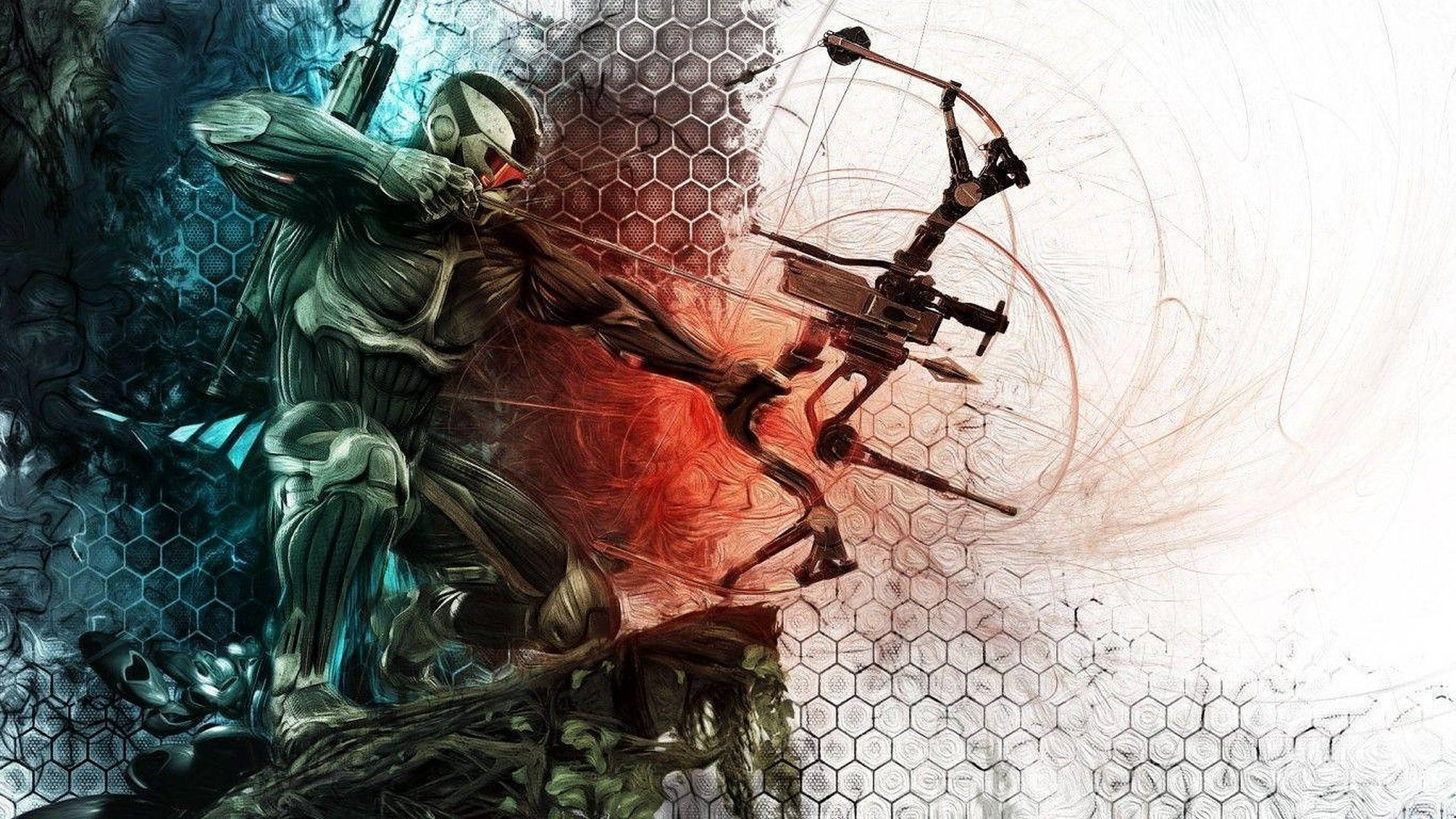 Archery 桌布 壁紙 — 一位身穿裝甲的未來弓箭手，在六邊形圖案背景和旋轉的紅藍能量中，拉開一把高科技弓。