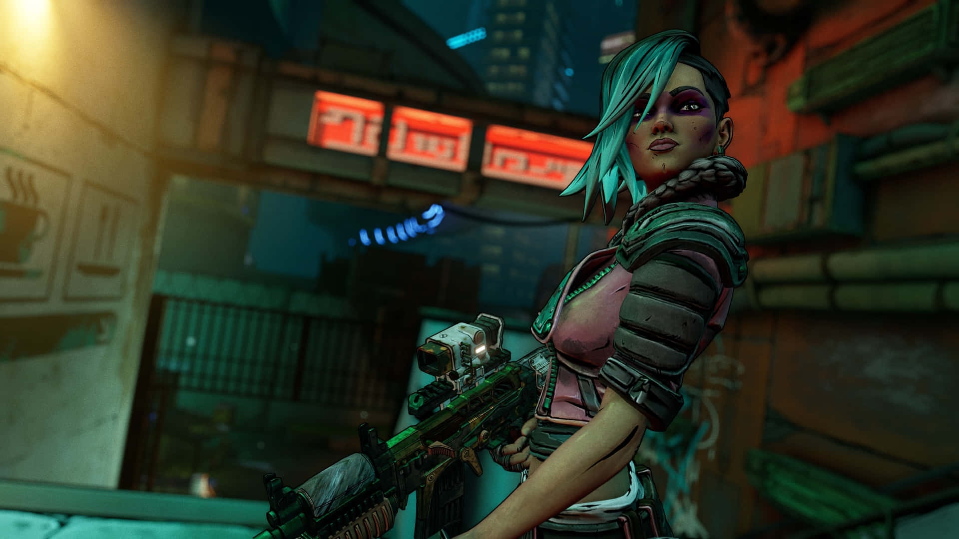 1080p Borderlands 3 桌布 壁紙 — 一位身穿裝甲裝備、青綠色頭髮的女性僱傭兵在夜晚霓虹燈照亮的城市小巷中手持步槍。