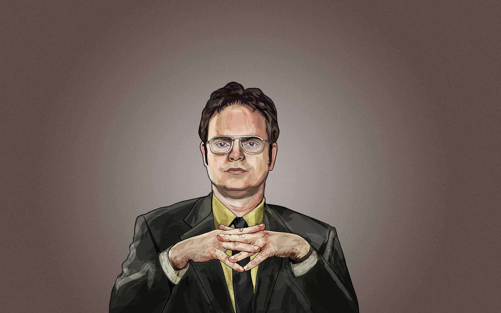 辦公室 桌布 壁紙 — 一位身穿西裝、戴眼鏡、雙手合攏的男士的數位插圖，背景為柔和的棕色。