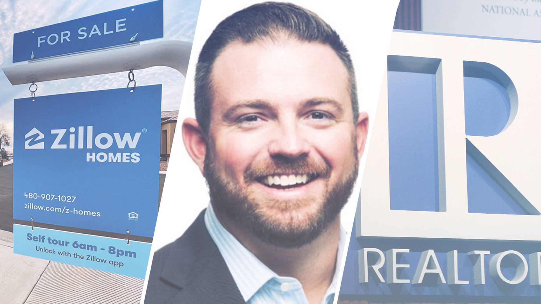 Man In Suit 桌布 壁紙 — 一位身穿西裝、面帶微笑的房地產經紀人站在 Zillow Homes 待售標誌和房地產經紀公司標誌旁。