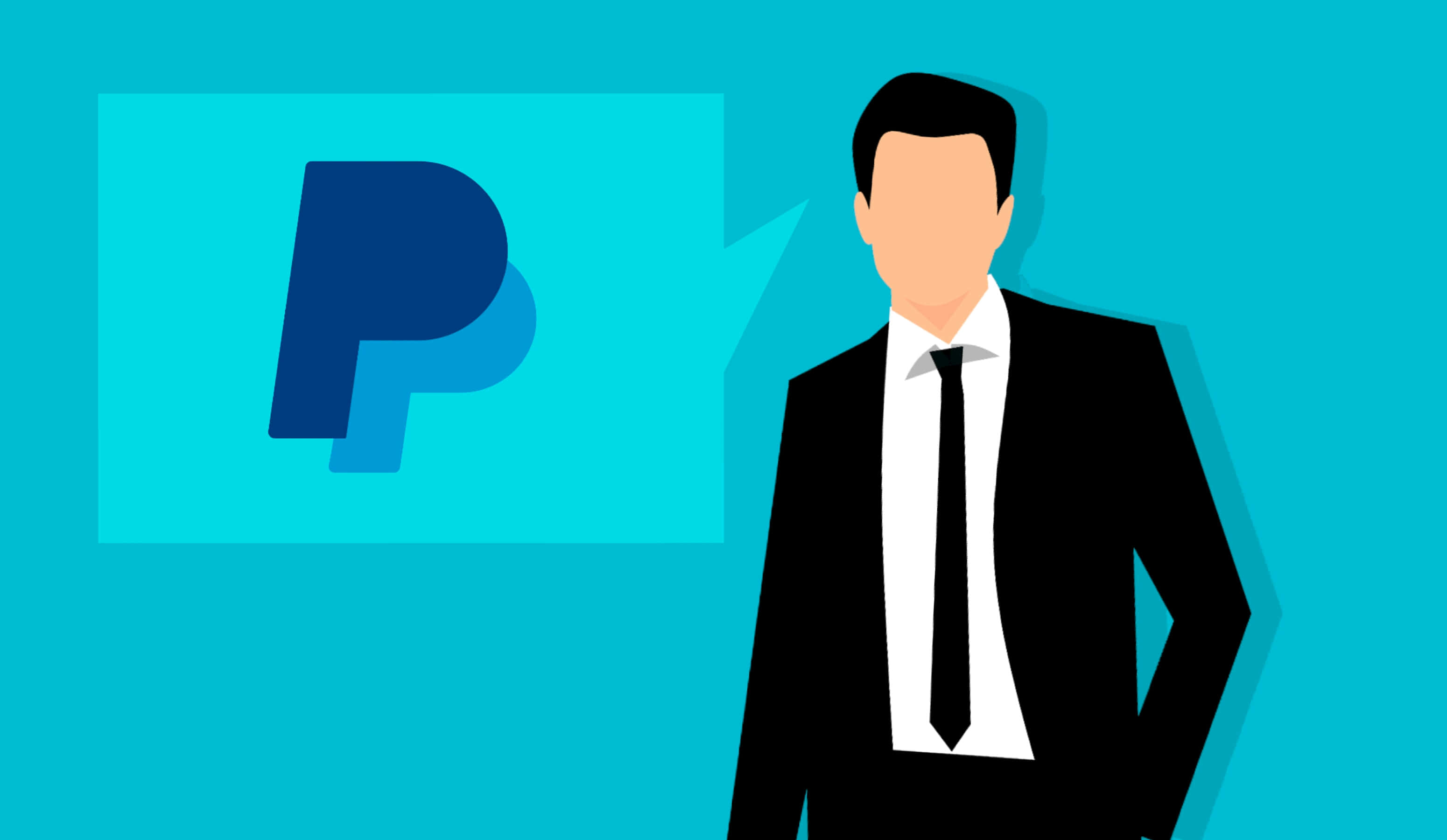 一位身穿西裝打領帶的男子站在Paypal標誌旁 壁紙