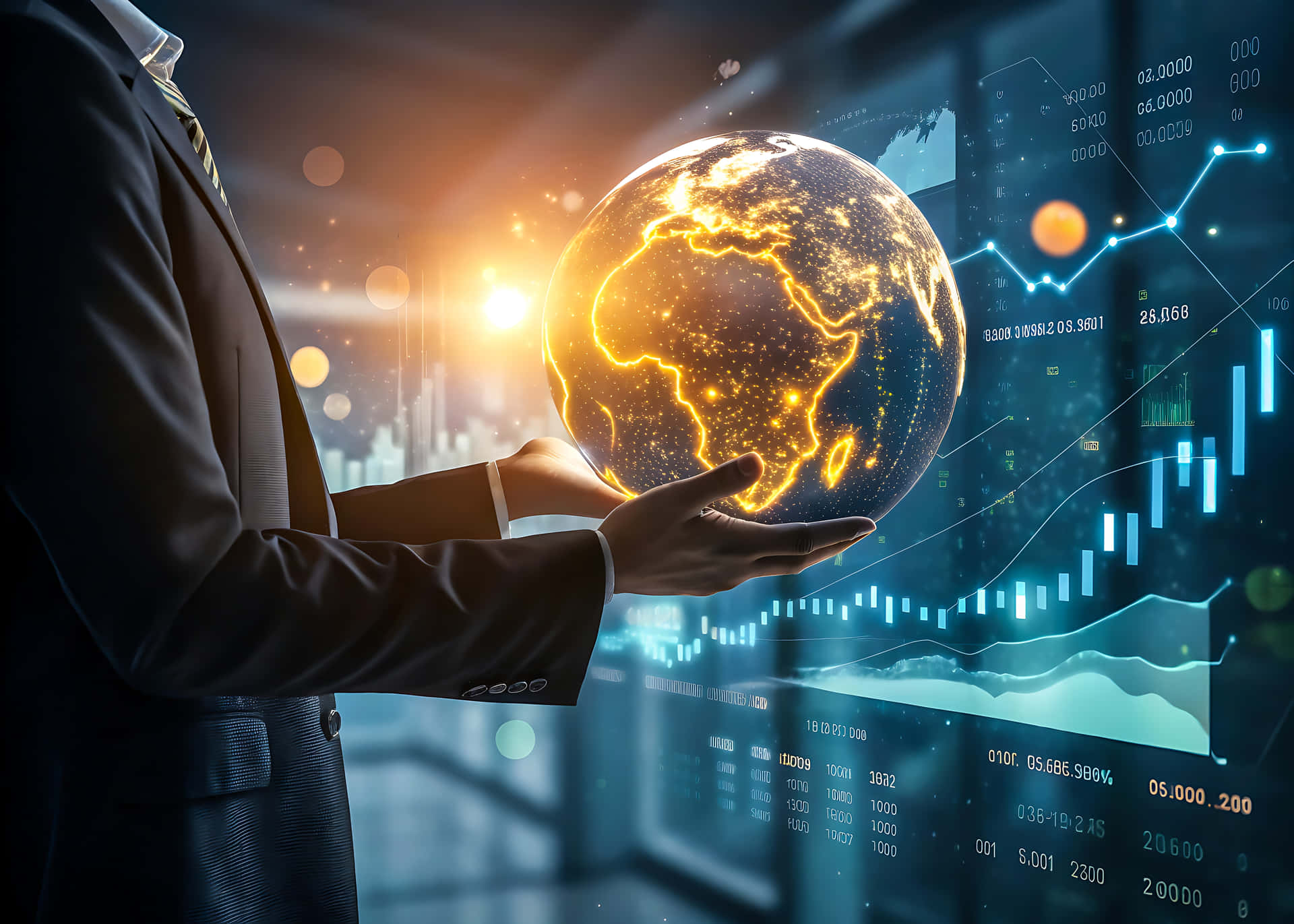 Man holding glowing globe 壁紙 — 一位身穿西裝的商人手持一個發光的金色地球儀，非洲被突出顯示，背景中漂浮著財務數據和圖表。