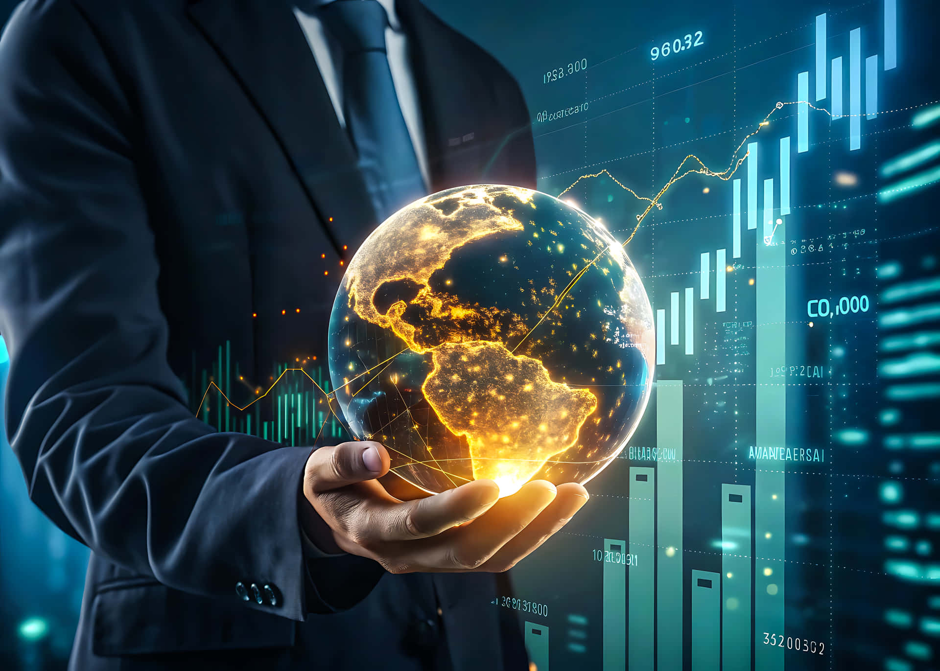 Man holding earth globe 壁紙 — 一位身穿西裝的商人手持發光的地球儀，上面有亮起的大陸，背景是數位金融圖表和數據流。