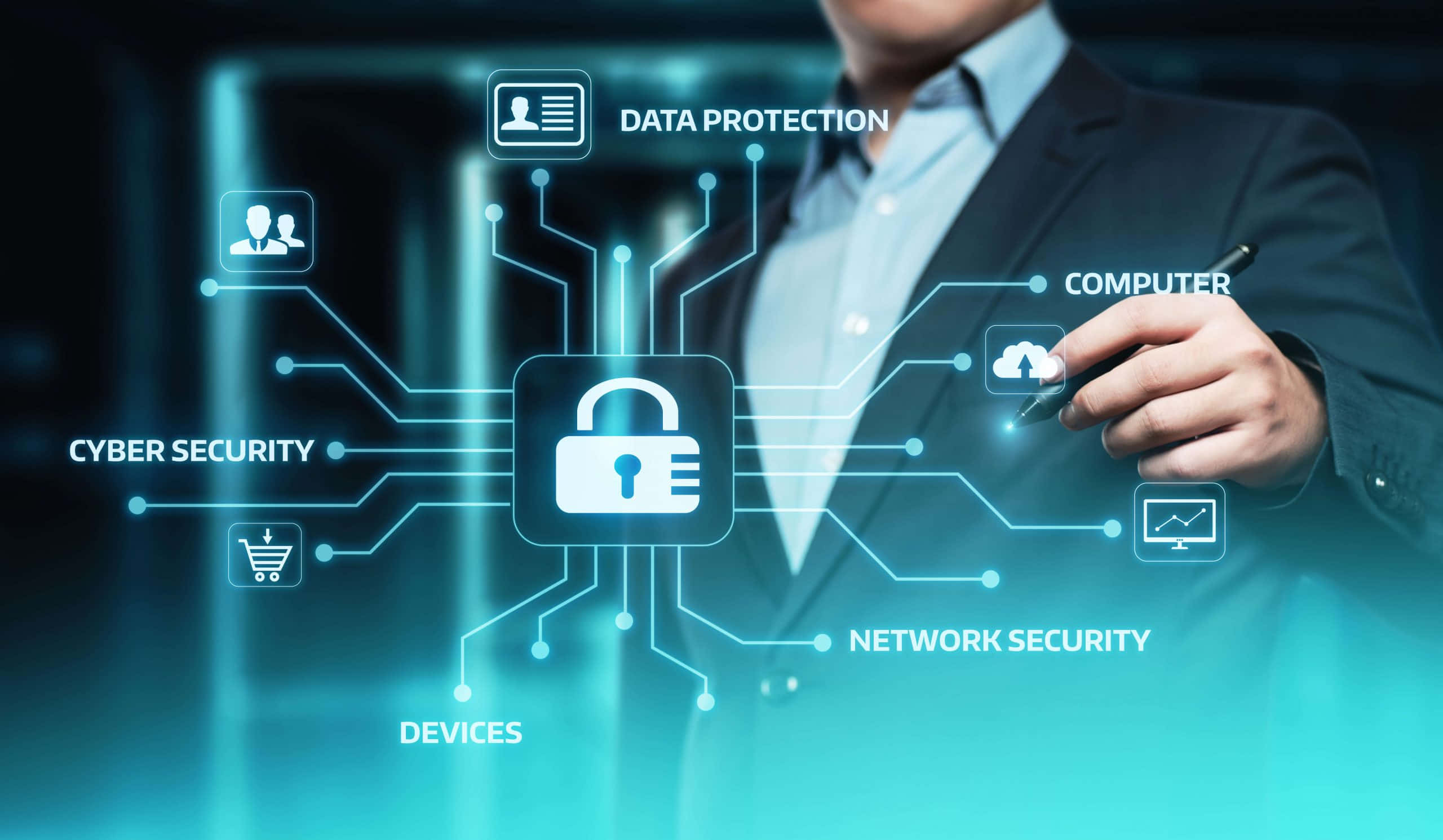 security 桌布 壁紙 — 一位身穿西裝的商人正在與一個發光的數位介面互動，該介面顯示了網路安全概念，如資料保護和網路安全。