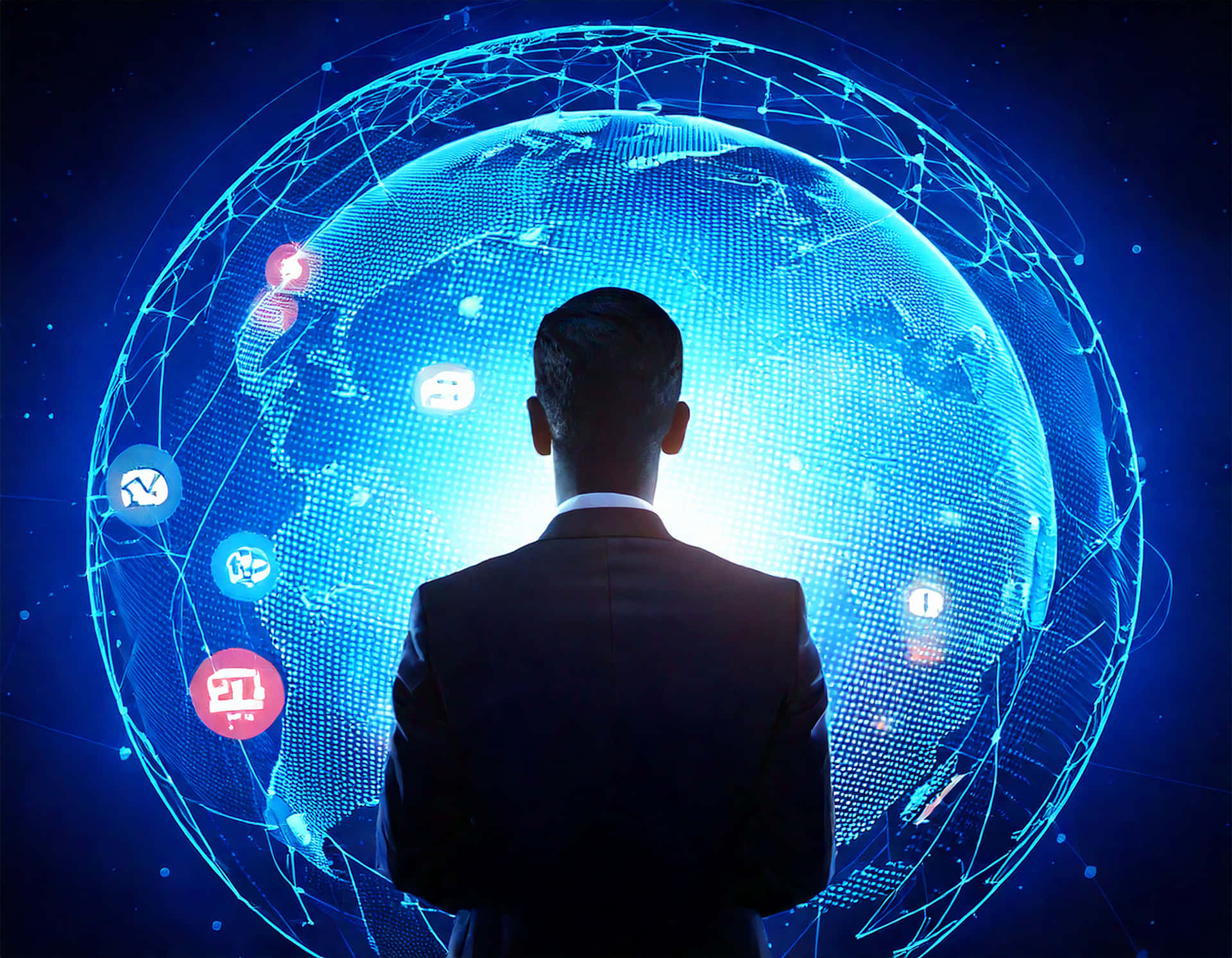 Businessman silhouette standing 壁紙 — 一位身穿西裝的商人背向觀眾，面向一個發光的藍色數位地球儀，周圍有浮動的應用程式圖示。