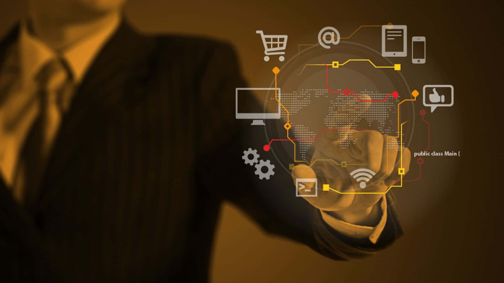 Email 桌布 壁紙 — 一位身穿西裝的商人與一個發光的數位介面互動，該介面在溫暖的琥珀色背景上顯示全球科技圖標。
