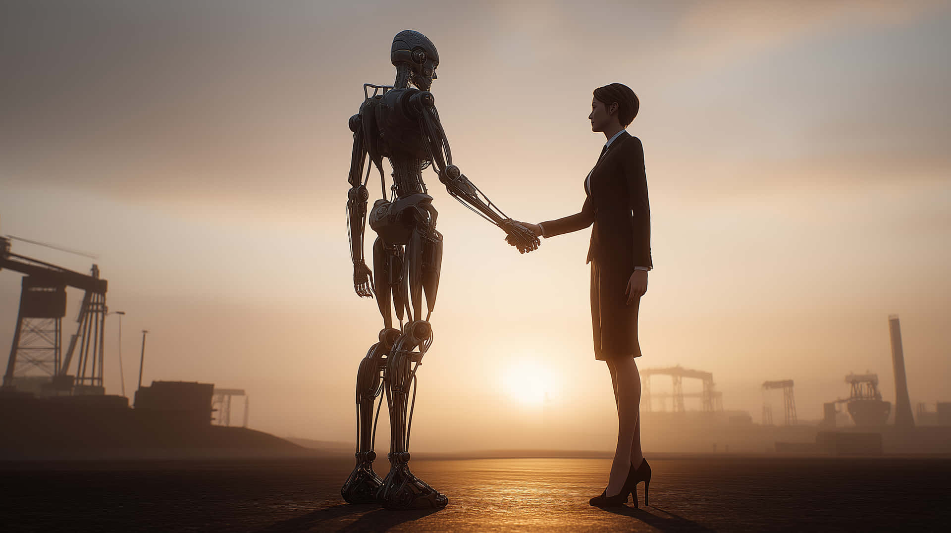 Businesswoman and humanoid robot establishing connection 壁紙 — 一位身穿西裝的女性在工業景觀的日落中與人形機器人握手。