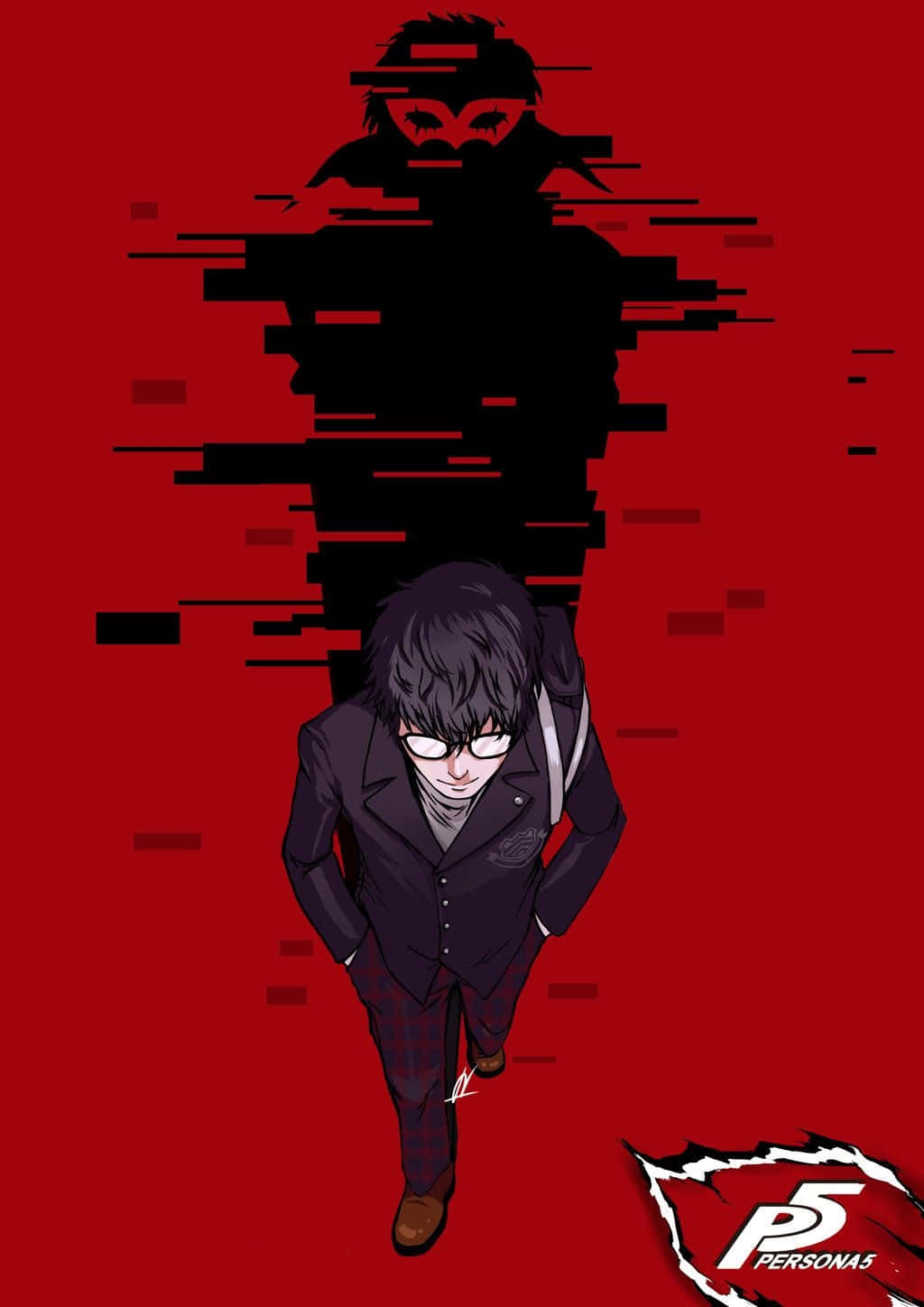Joker Persona 5 桌布 壁紙 — 一位身穿西裝的年輕男子在紅色背景前向前走，身後有一個閃爍的陰影人物籠罩著。
