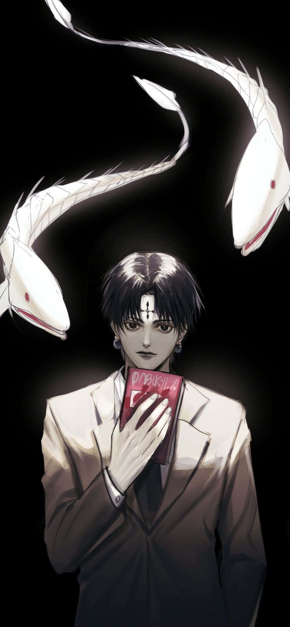 獵人 x 獵人 桌布 壁紙 — 一位身穿西裝的年輕男子手持一本紅書，兩條白色蛇狀生物在他上方盤旋，背景為黑色。