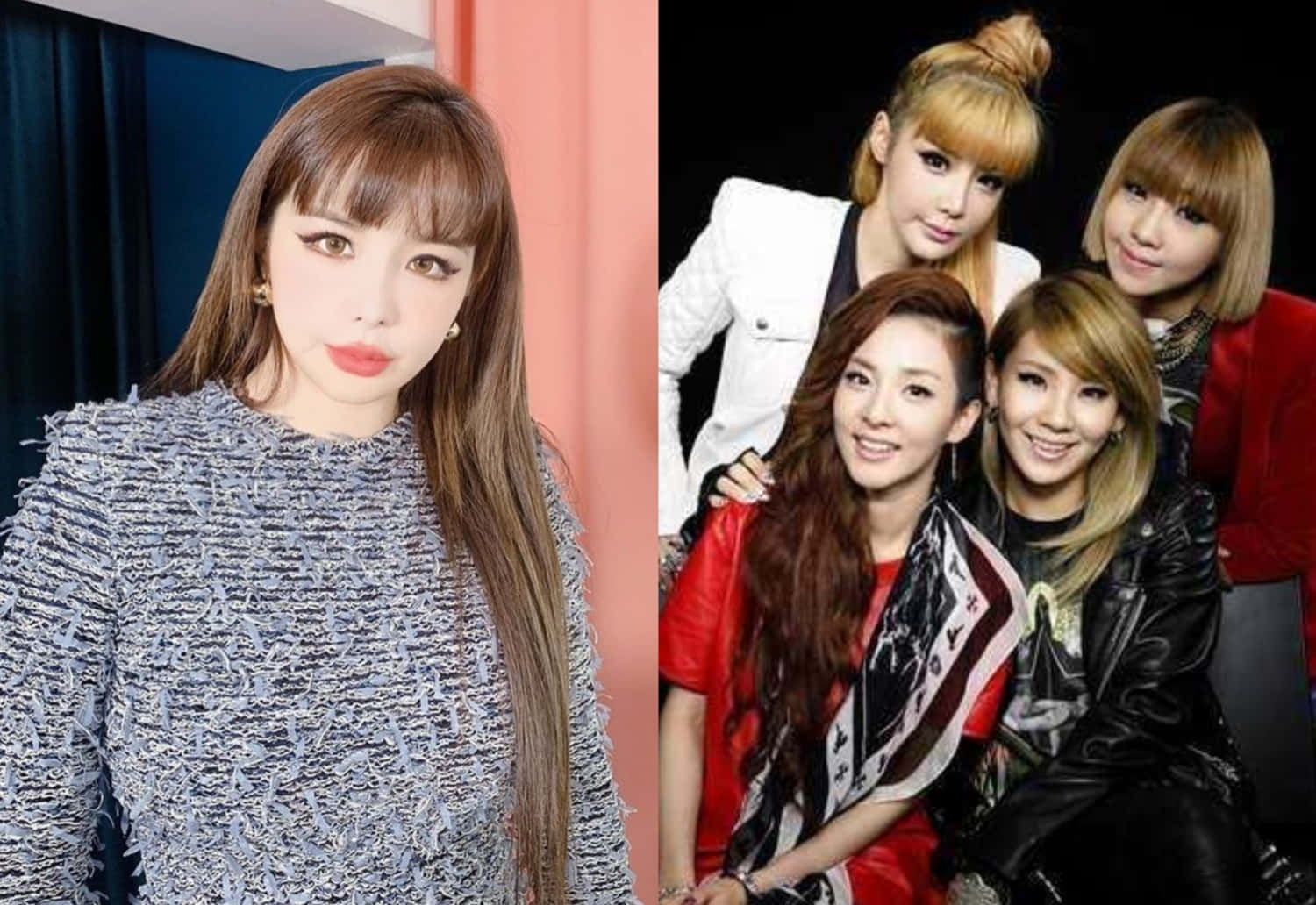 2NE1 桌布 壁紙 — 一位身穿質感灰色服裝的獨唱女藝人與一個四人K-pop女團自信地擺出大膽紅黑造型的分割肖像。