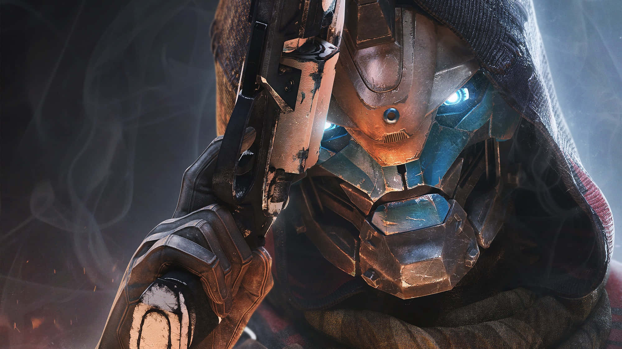 Titan Destiny 2 4K 桌布 壁紙 — 一位身穿連帽斗篷的網路戰士，在煙霧瀰漫的黑暗背景中，手持冒煙的手槍，雙眼發出藍色光芒。