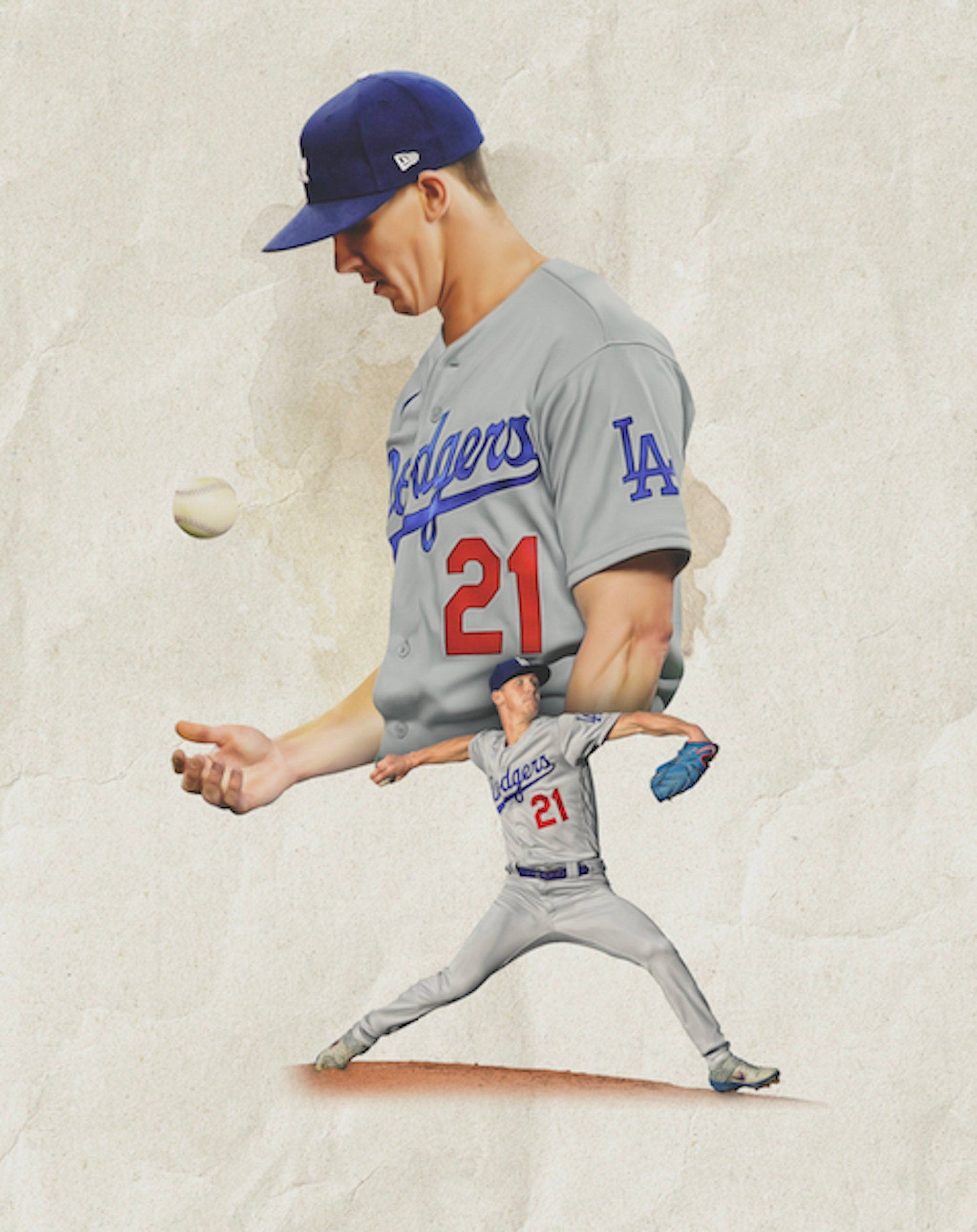 walker buehler 桌布 壁紙 — 一位身穿道奇隊制服的棒球投手以兩種尺寸描繪，背景是有紋理的紙張，正在投球，棒球在運動中。