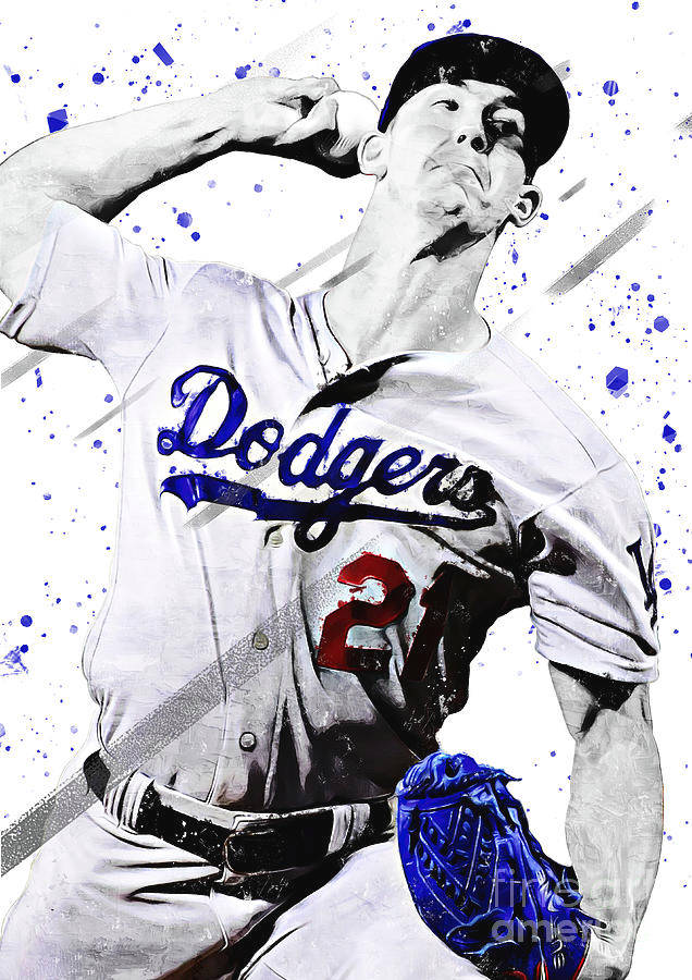 walker buehler 桌布 壁紙 — 一位身穿道奇隊球衣的動態棒球投手，在投球中途帶有強烈的藍色飛濺效果和戲劇性的燈光。