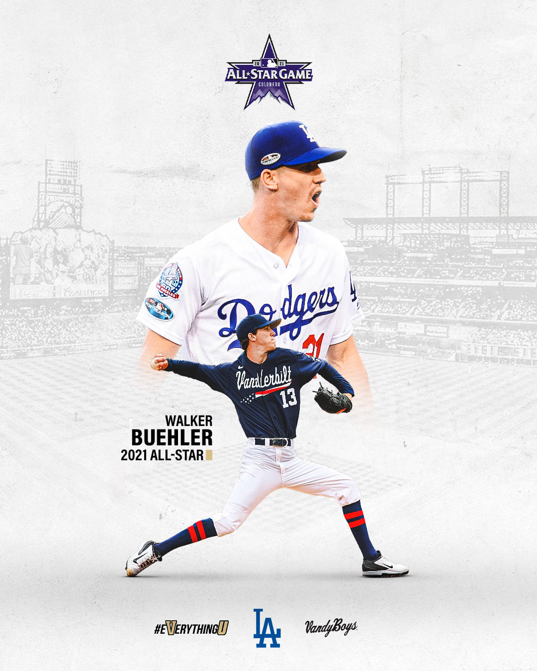 walker buehler 桌布 壁紙 — 一位身穿道奇隊球衣的動態棒球選手正在投球，背景是褪色的球場和全明星賽品牌標誌。
