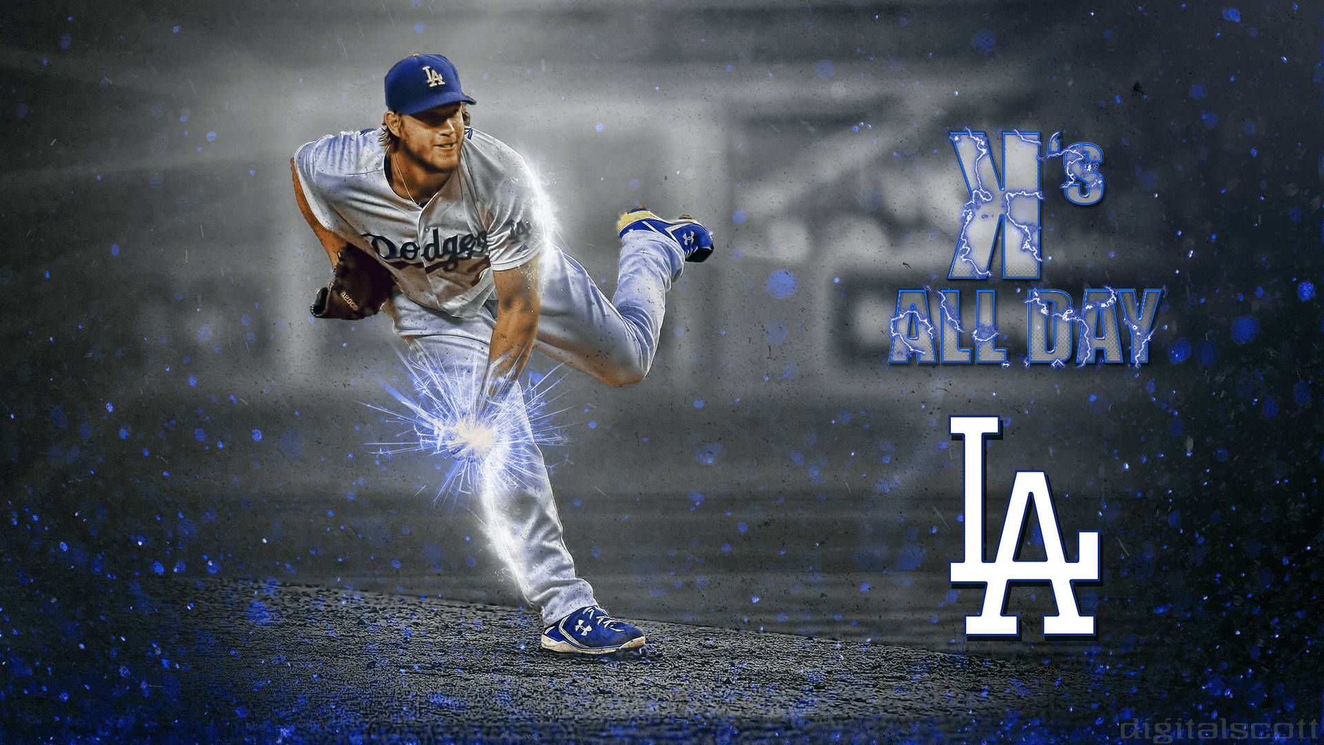 La Dodgers 桌布 壁紙 — 一位身穿道奇隊球衣的棒球投手，在黑暗的球場背景下投球，帶有電光藍色能量效果和發光文字。