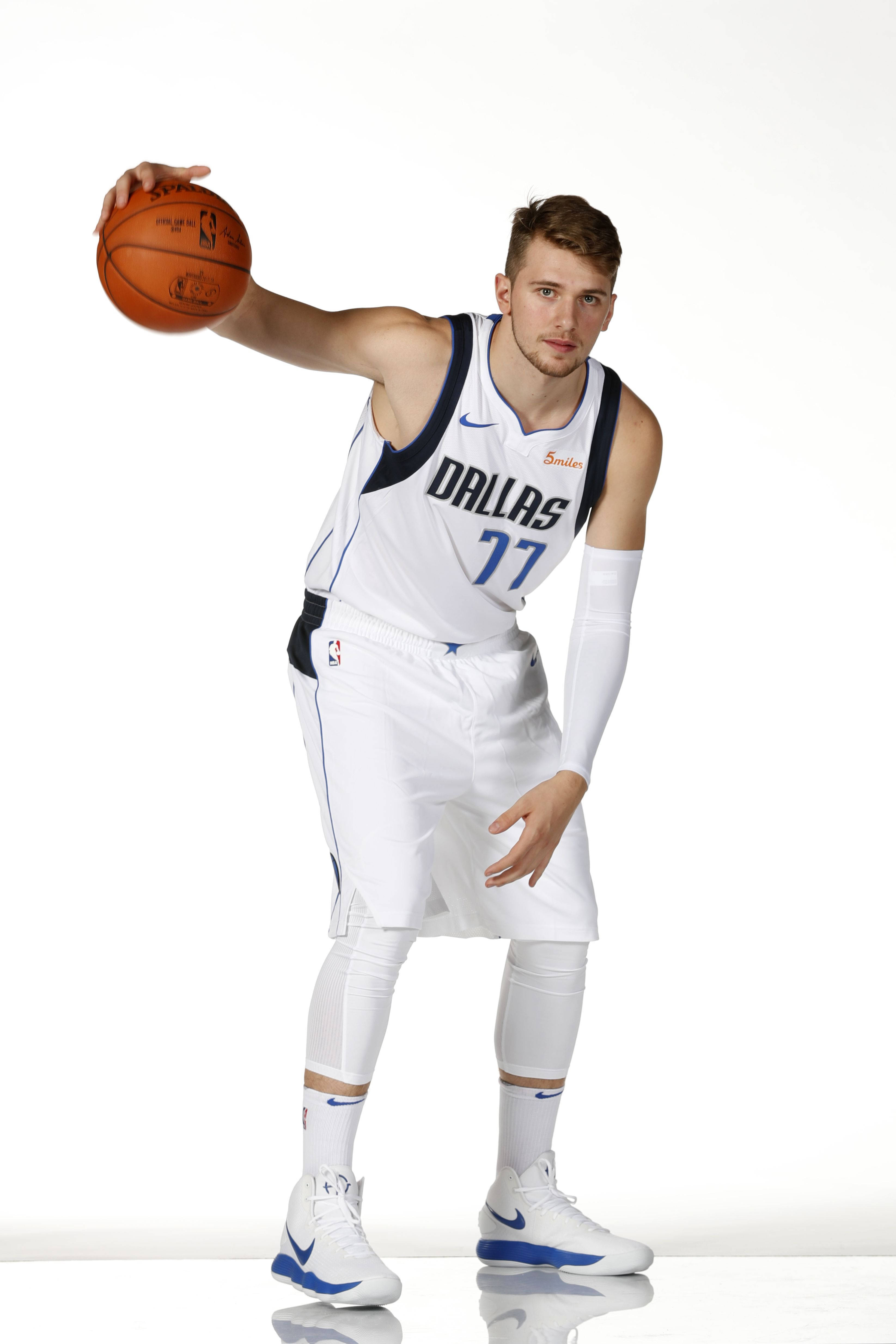 Luka 桌布 壁紙 — 一位身穿達拉斯獨行俠球衣的籃球運動員在白色背景的攝影棚中持球。