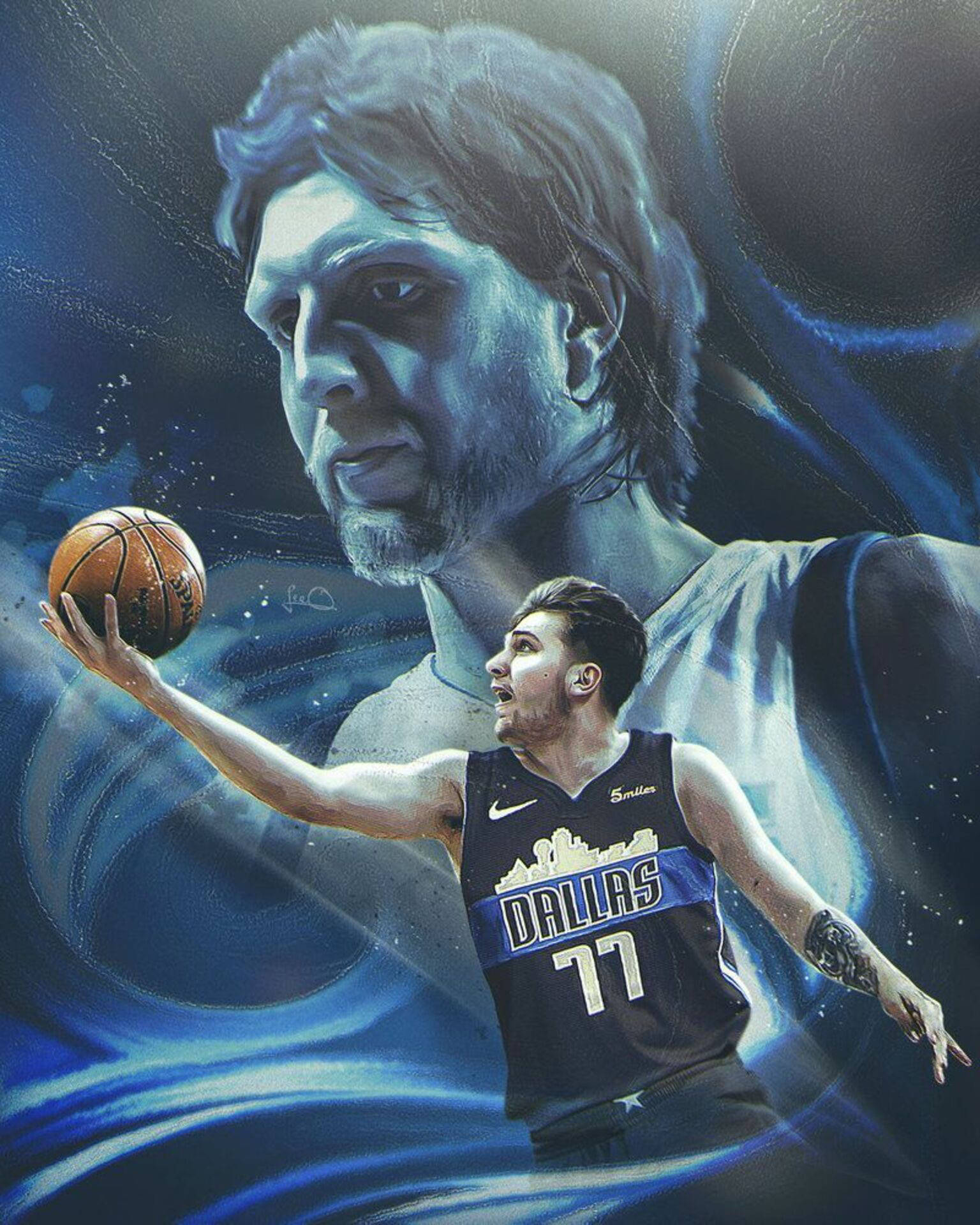 Luka 桌布 壁紙 — 一位身穿達拉斯球衣的籃球運動員在宇宙藍色背景上投籃，上方有他自己更大的幽靈肖像。