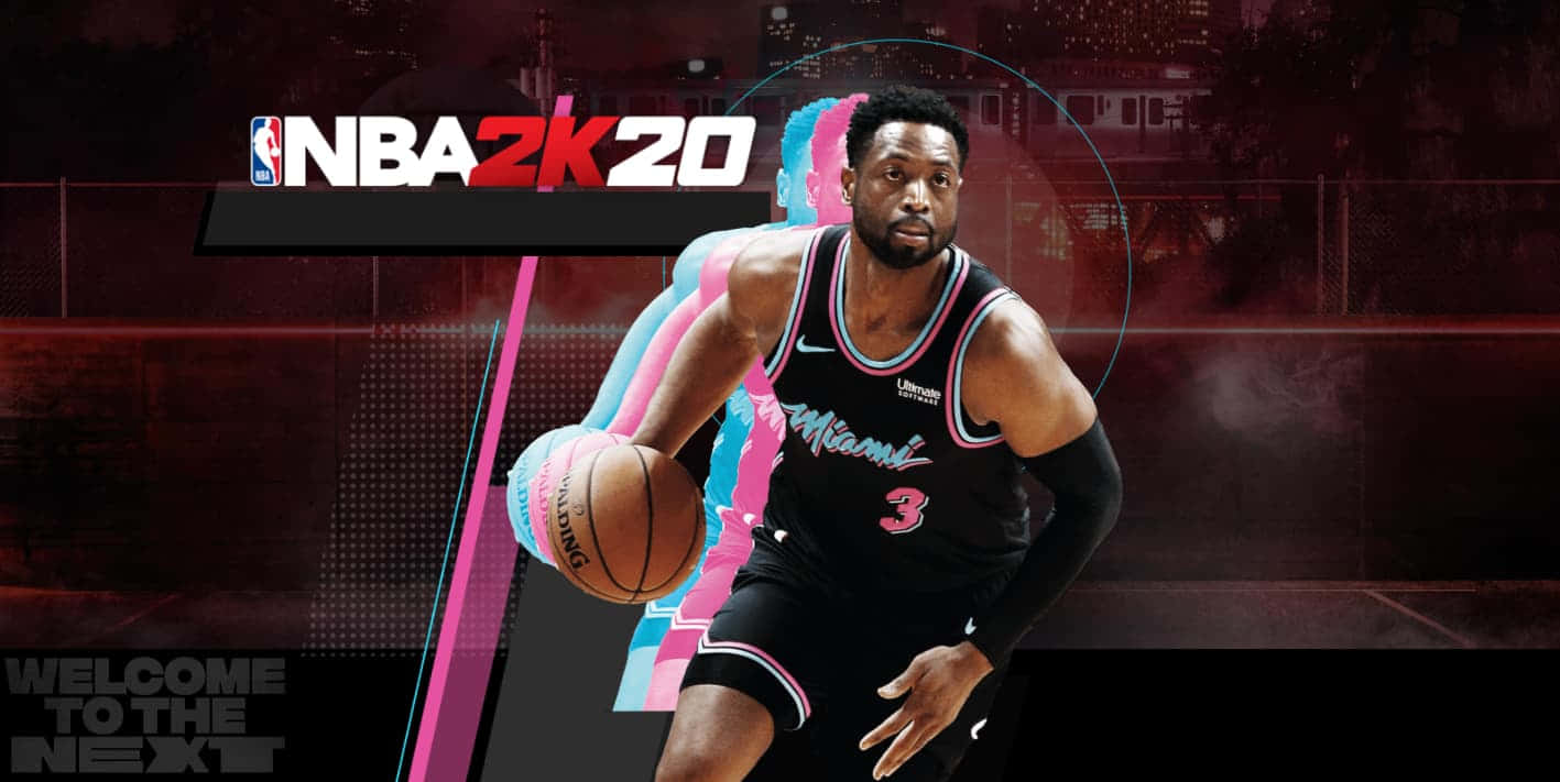 Nba2k20 桌布 壁紙 — 一位身穿邁阿密熱火球衣的籃球運動員，在帶有霓虹粉紅和藍色點綴的風格化城市背景下運球。