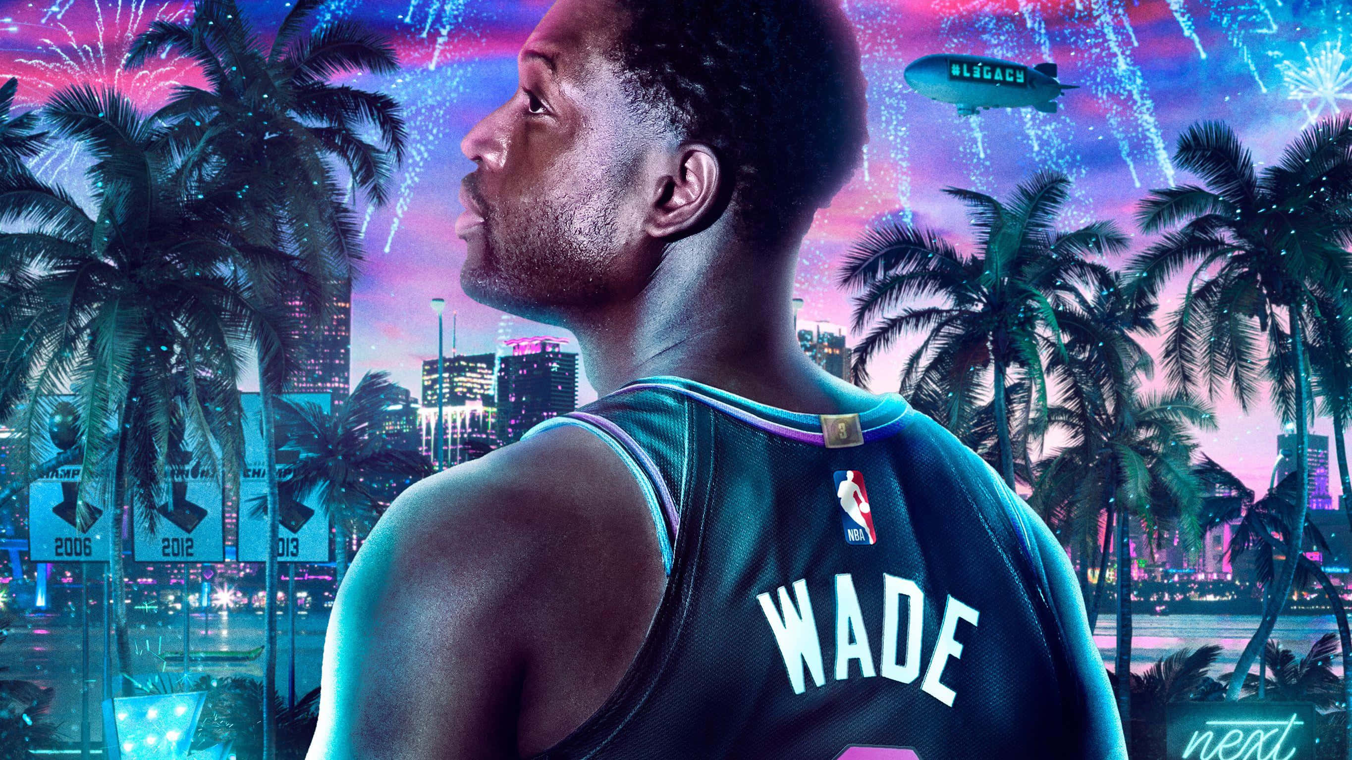 NBA 2k21 桌布 壁紙 — 一位身穿邁阿密熱火隊球衣的籃球運動員凝視著霓虹燈閃爍的城市景觀，頭頂有棕櫚樹、煙火和飛船。
