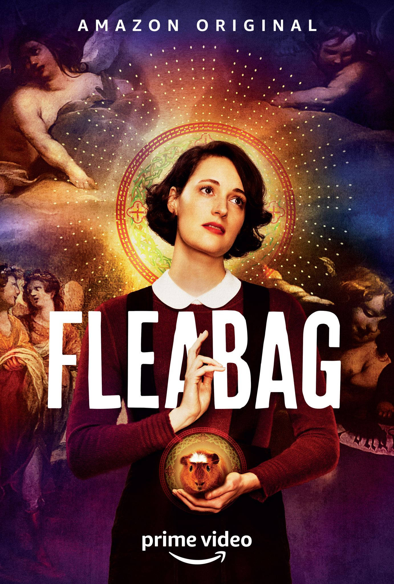 Fleabag 桌布 壁紙 — 一位身穿酒紅色毛衣的女性，在古典天使和天光的環繞下，抱著碗裡的天竺鼠。
