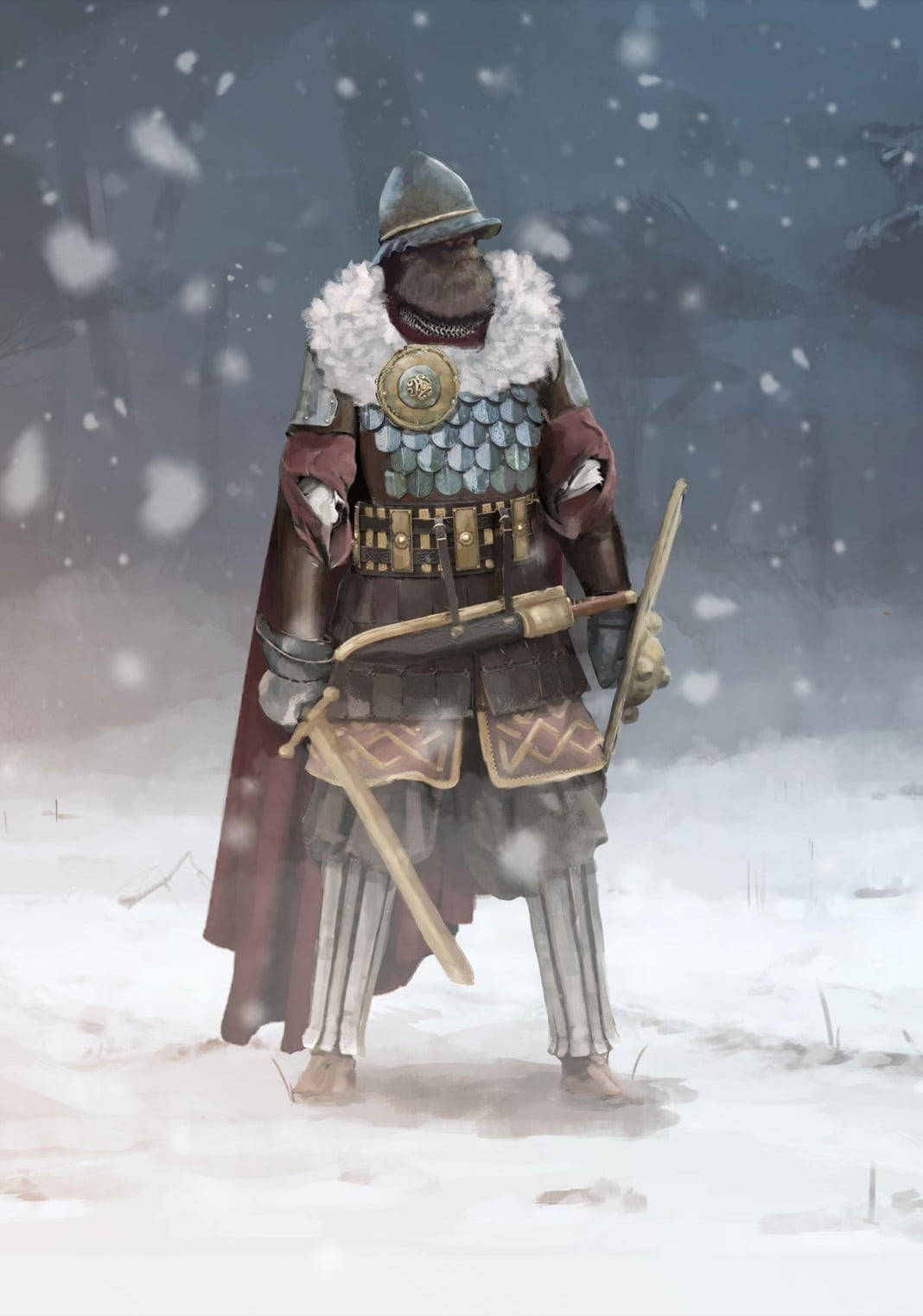 雪地森林中手持劍與盾的中世紀騎士
