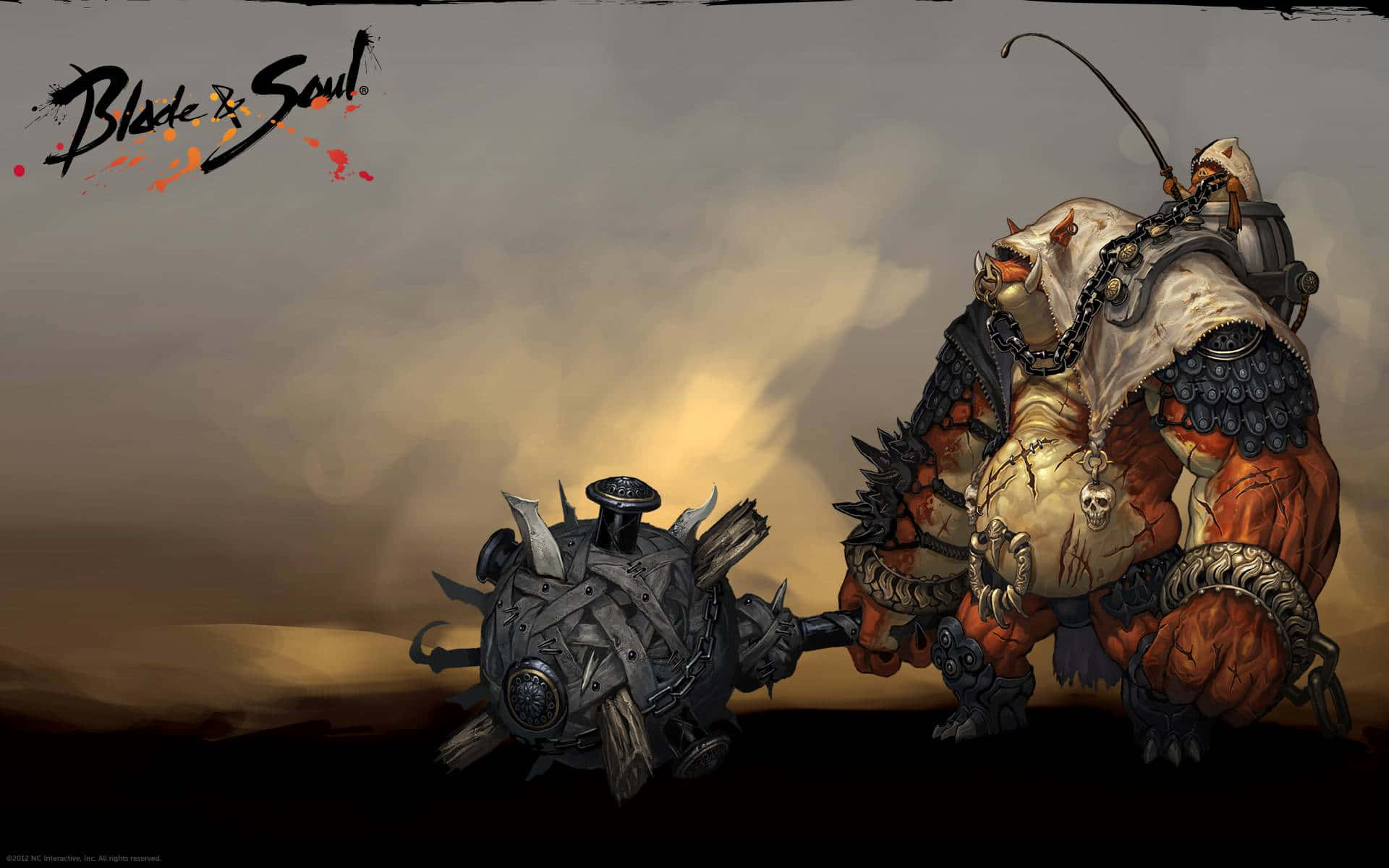 blade and soul 桌布 壁紙 — 一位身穿重甲、肌肉發達的戰士，戴著骷髏項鍊，在昏暗的天空背景下揮舞著帶刺狼牙棒。