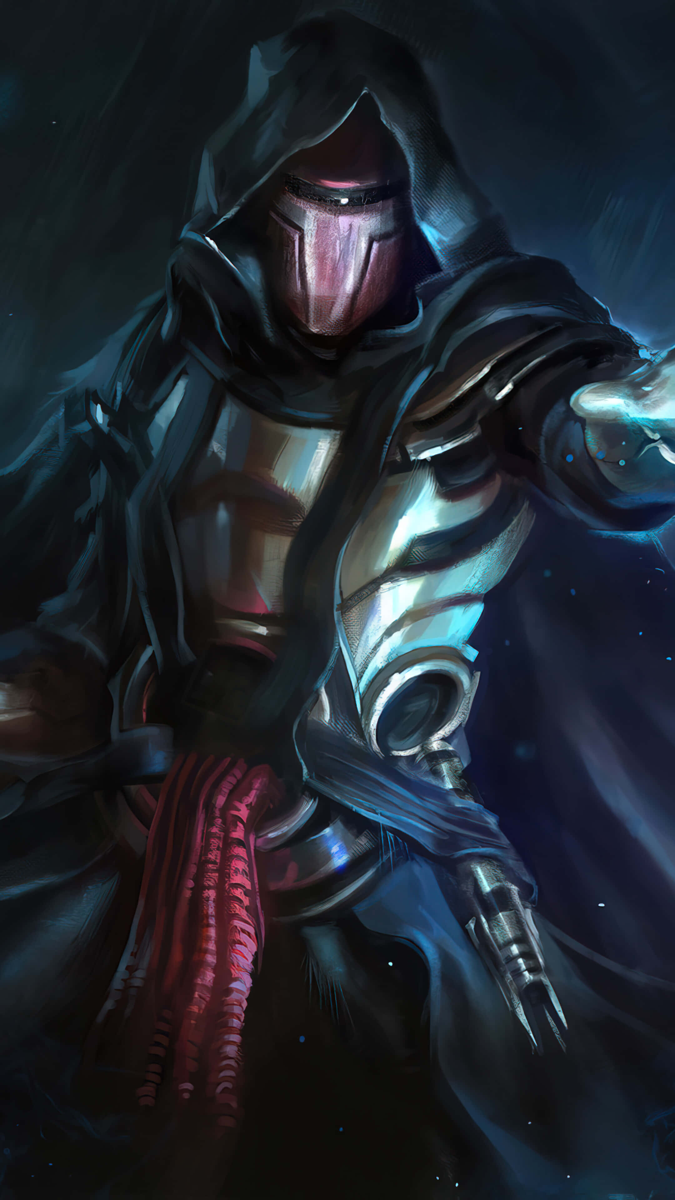 Darth Revan 4K 桌布 壁紙 — 一位身穿金屬盔甲和紅色圍巾的兜帽戰士，在黑暗的宇宙背景下伸出一把發光的藍色能量劍。