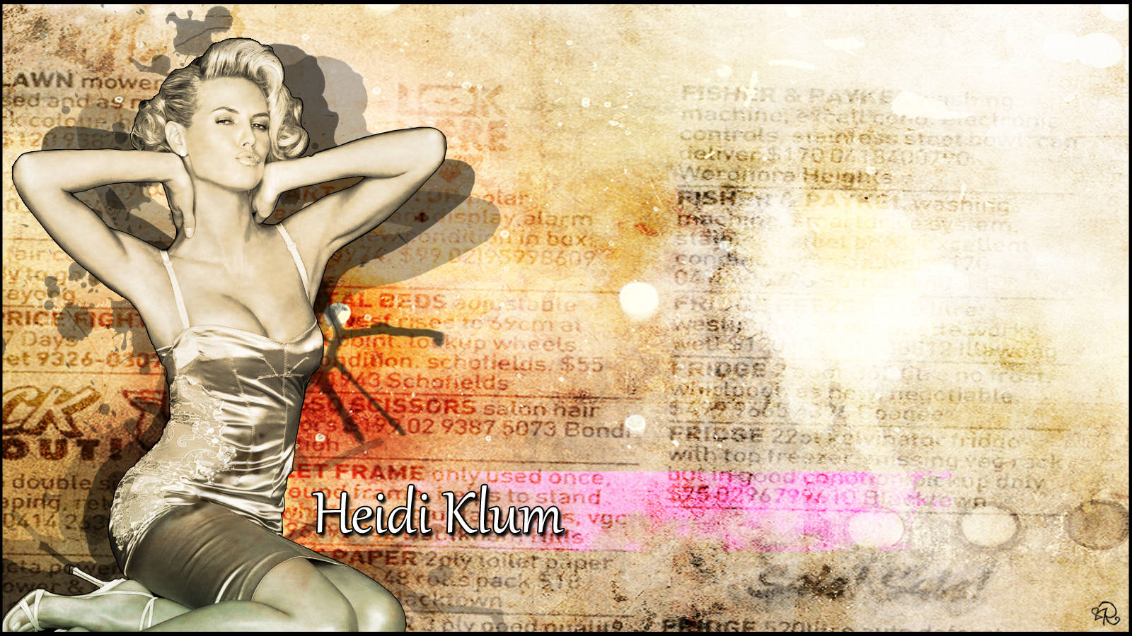 Heidi 桌布 壁紙 — 一位身穿金屬色連衣裙的魅力女性，在復古報紙拼貼背景前自信地擺姿勢。