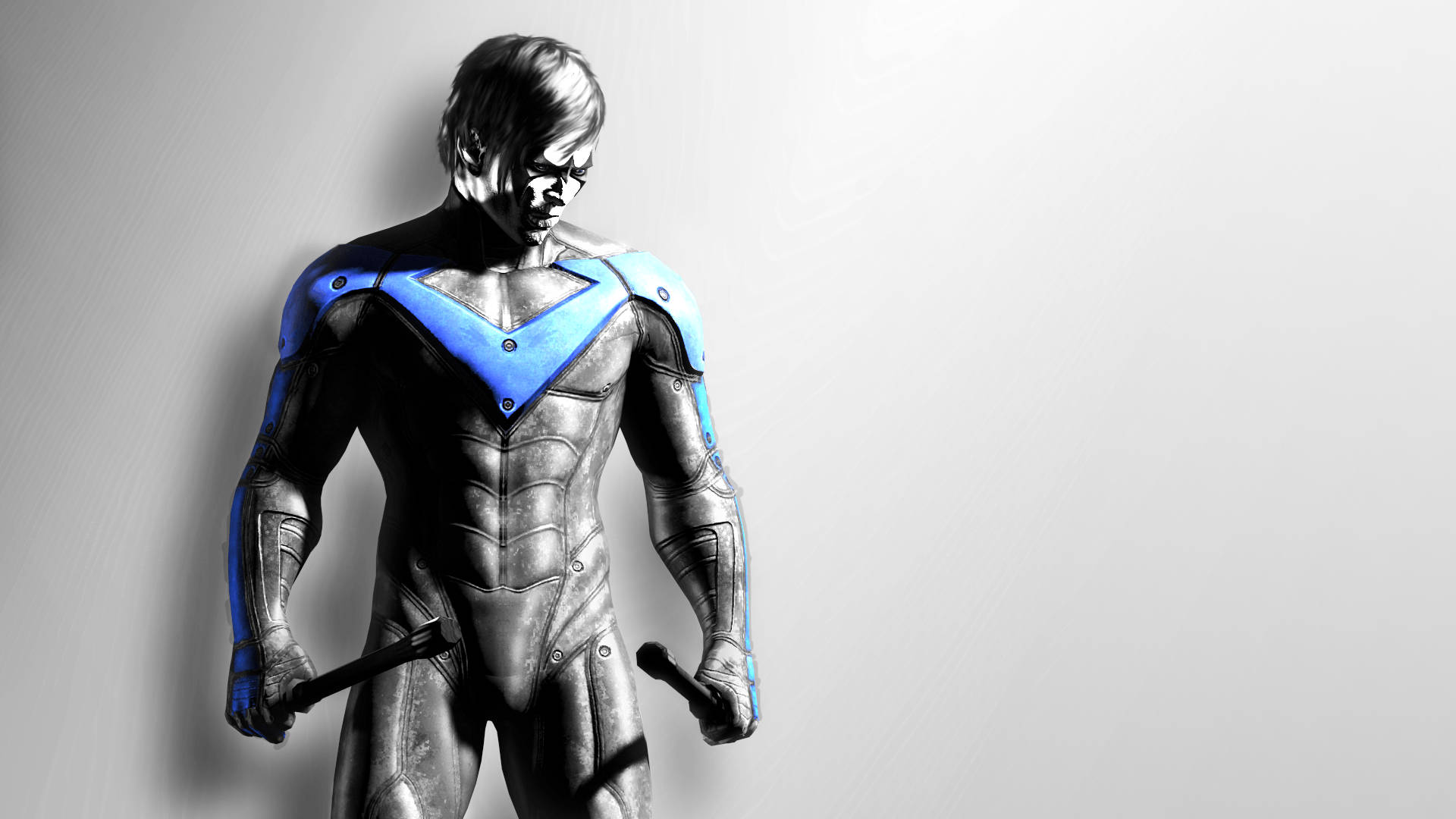 Nightwing 桌布 壁紙 — 一位身穿金屬質感藍色點綴服裝的超級英雄自信地站在純灰色背景前。