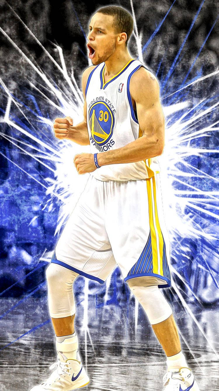 Curry 桌布 壁紙 — 一位身穿金州勇士隊球衣的籃球運動員，握緊拳頭，對著動態的藍白能量爆發背景咆哮。