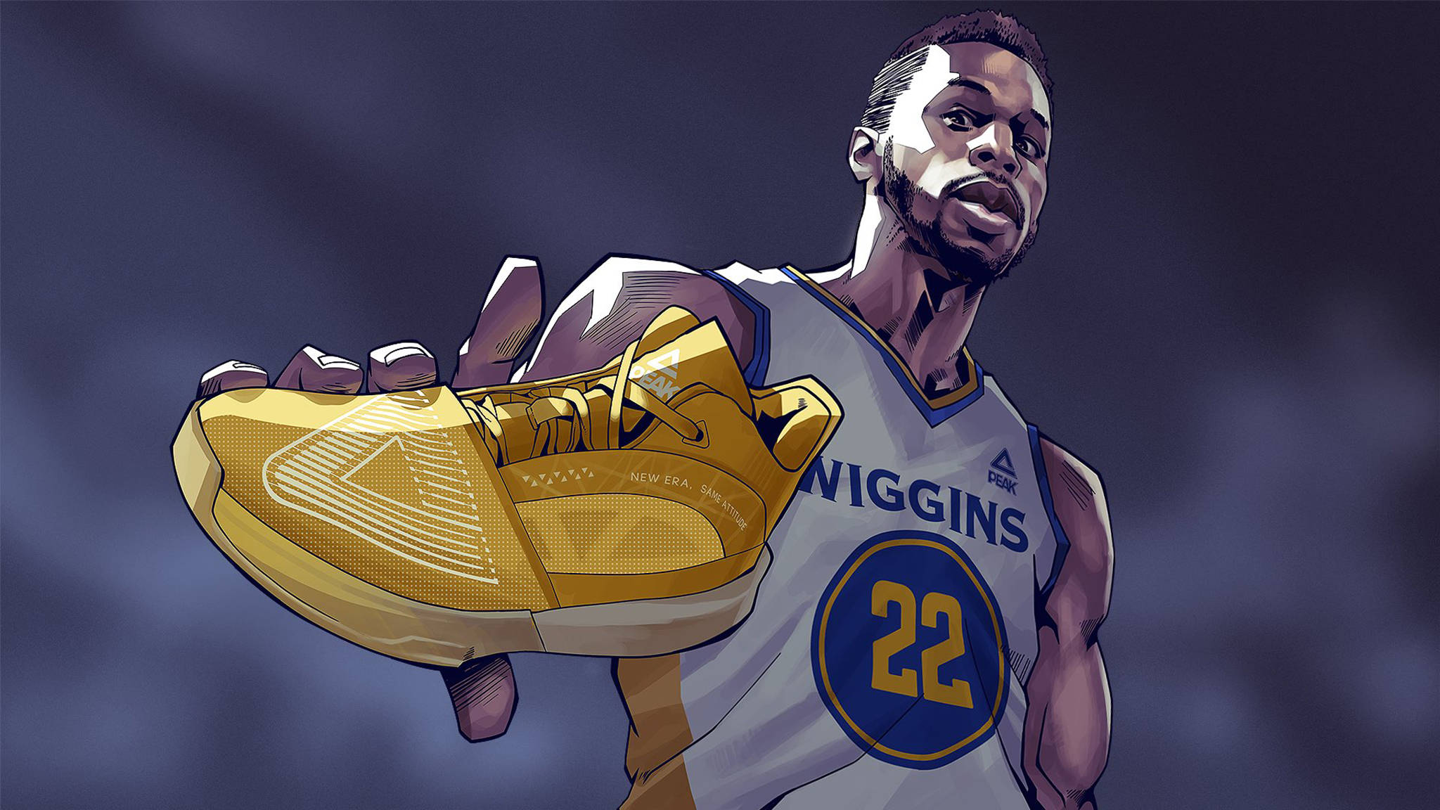 Andrew Wiggins 桌布 壁紙 — 一位身穿金州勇士隊球衣的籃球運動員，在黑暗煙霧背景中舉起一雙閃閃發光的金色運動鞋。