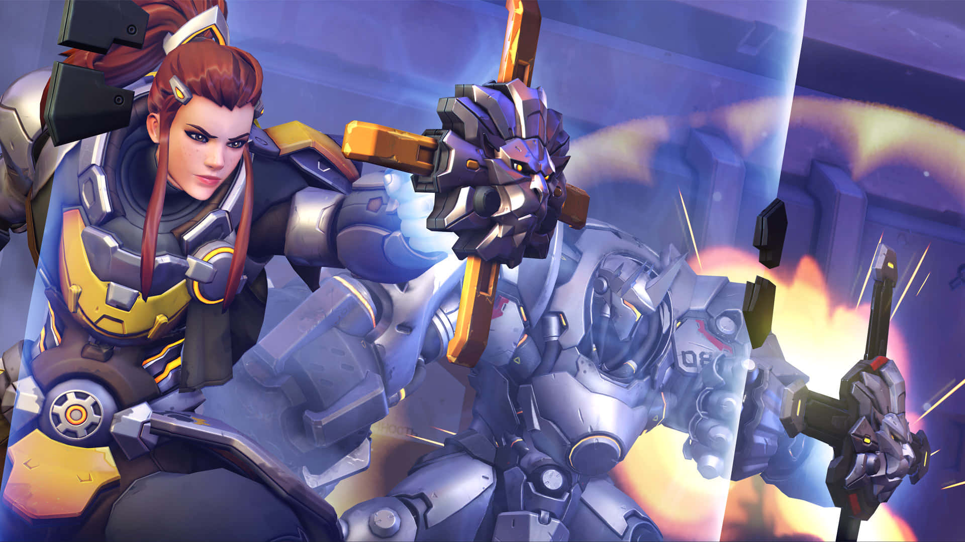 Overwatch 桌布 壁紙 — 一位身穿金色和灰色盔甲的兇猛女戰士，在熾熱的爆炸和發光的能量效果中與高聳的機械怪物戰鬥。