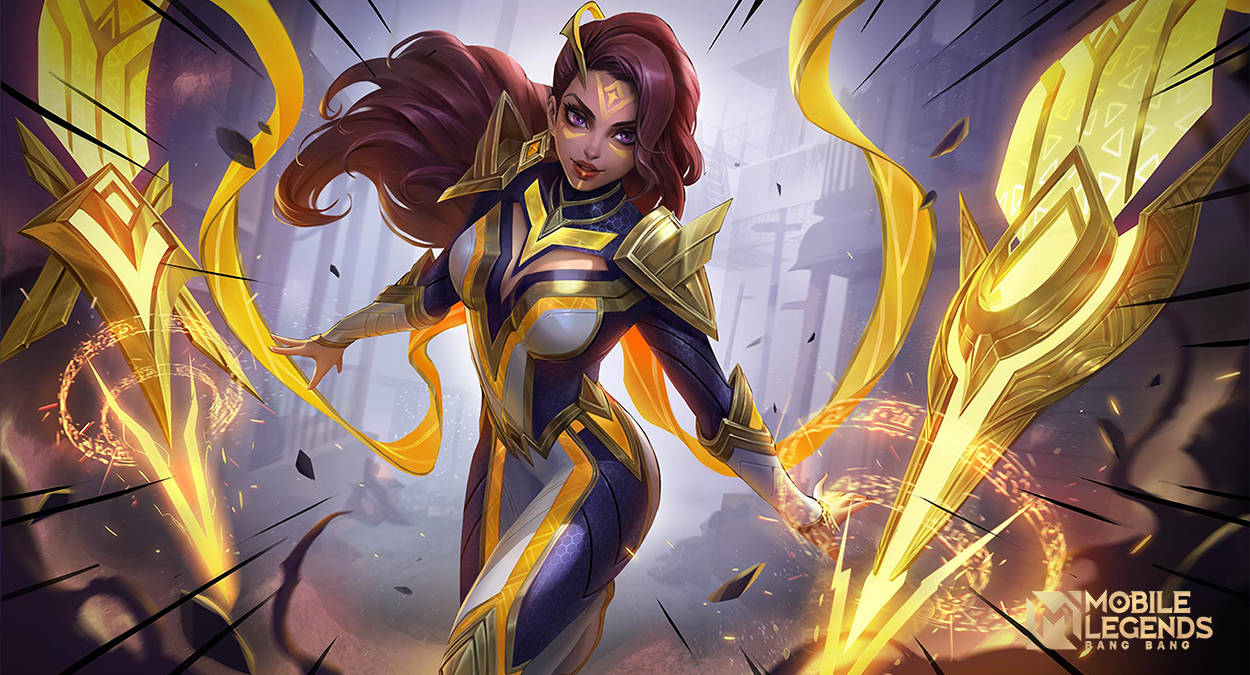 heroes 桌布 壁紙 — 一位身穿金色和紫色盔甲的兇猛女戰士，以動態動作和周圍破碎的碎片引導發光的能量。