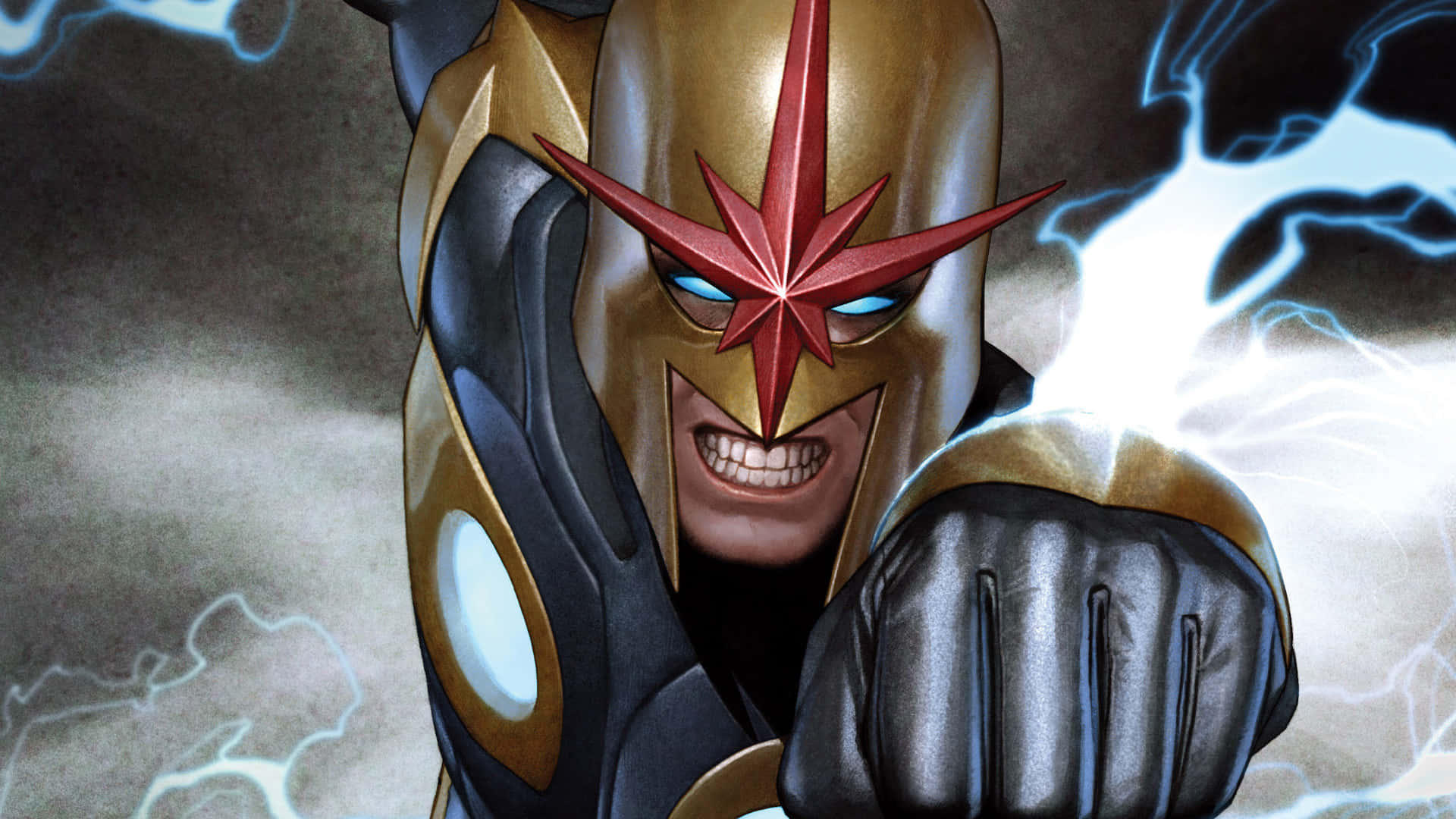 Nova Corps 桌布 壁紙 — 一位身穿金色和黑色套裝、戴著紅色星星面具的兇猛超級英雄，在暴風雨的天空中引導閃電能量。
