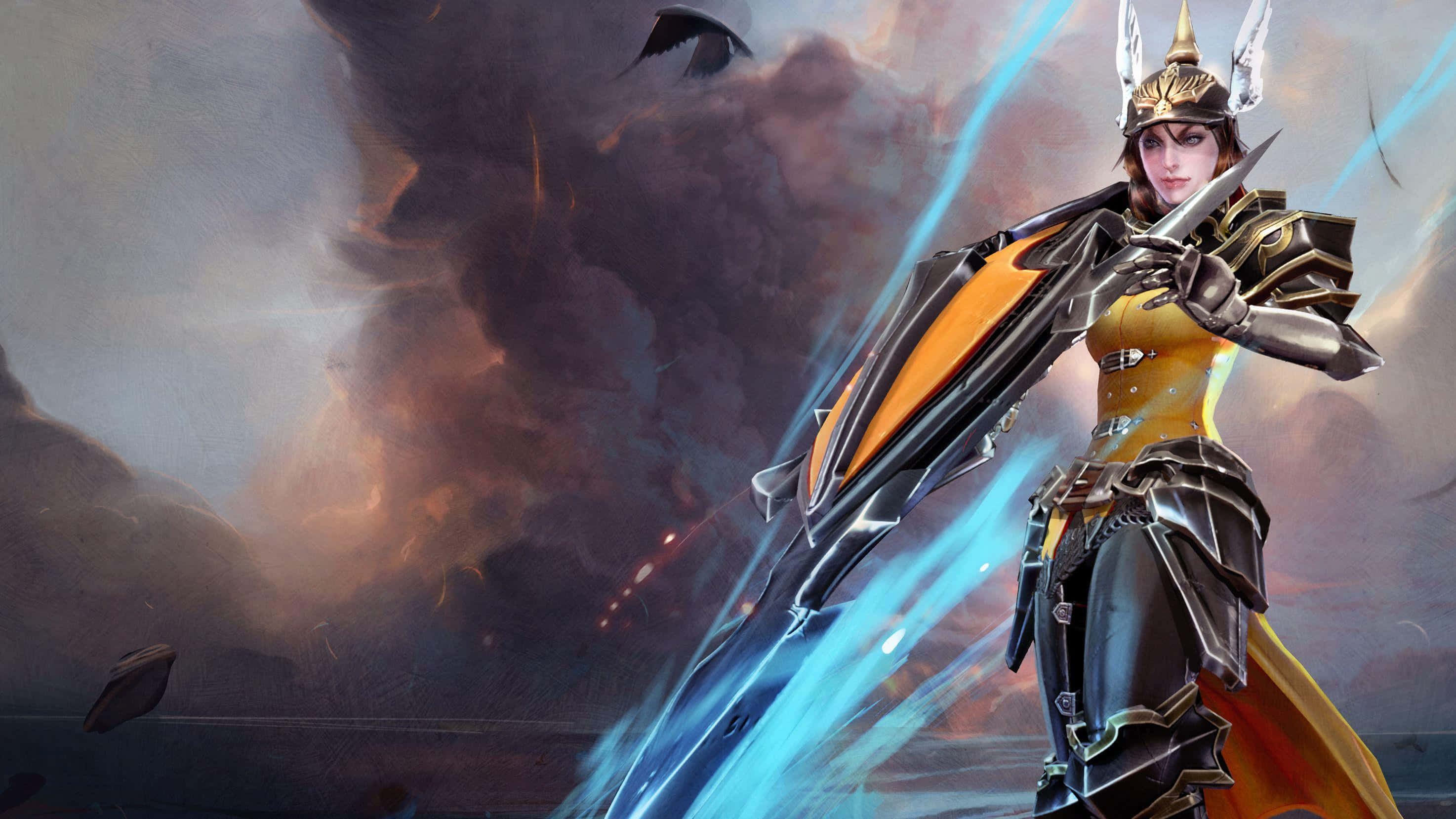 Vainglory 桌布 壁紙 — 一位身穿金色和黑色盔甲的兇猛女戰士，在暴風雨般的戰場背景下揮舞著發光的藍色劍。