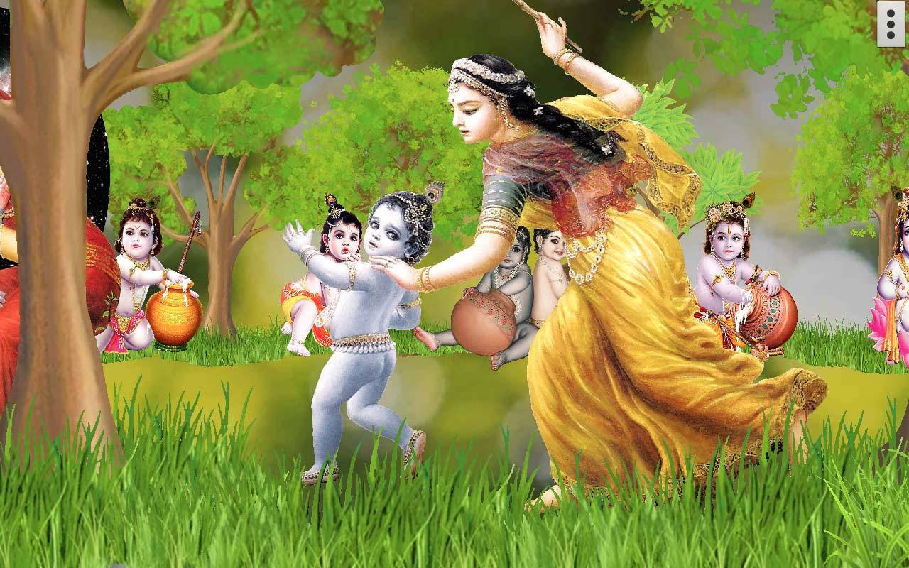 krishna god 桌布 壁紙 — 一位身穿金色服裝的優雅女士在明亮的日光下，與孩子們在茂密的綠色森林空地上跳舞。