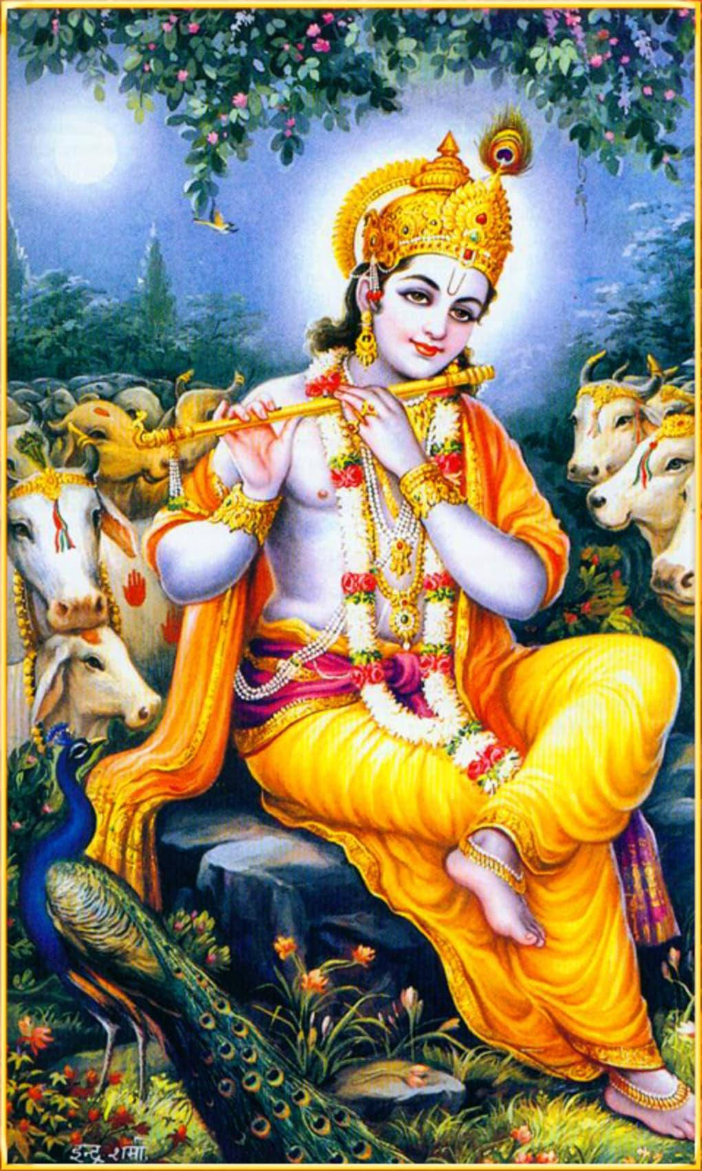 krishna iPhone 桌布 壁紙 — 一位身穿金色服飾的神聖人物在月光下坐在牛群和孔雀之間吹奏長笛。