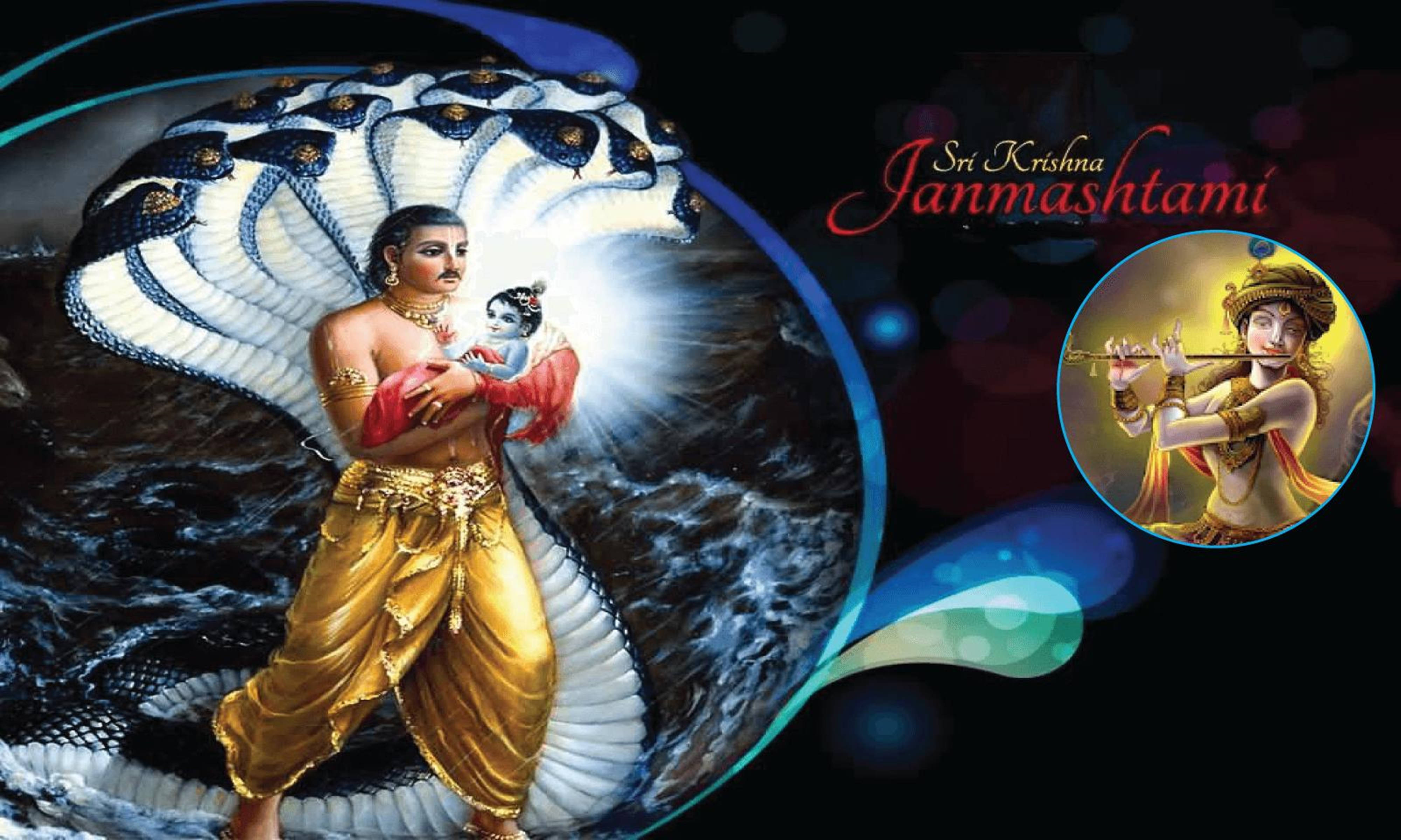 Krishna Janmashtami 桌布 壁紙 — 一位身穿金色服飾的神聖人物懷抱著一個孩子，站在一條巨大的白蛇之上，背景是宇宙星空。