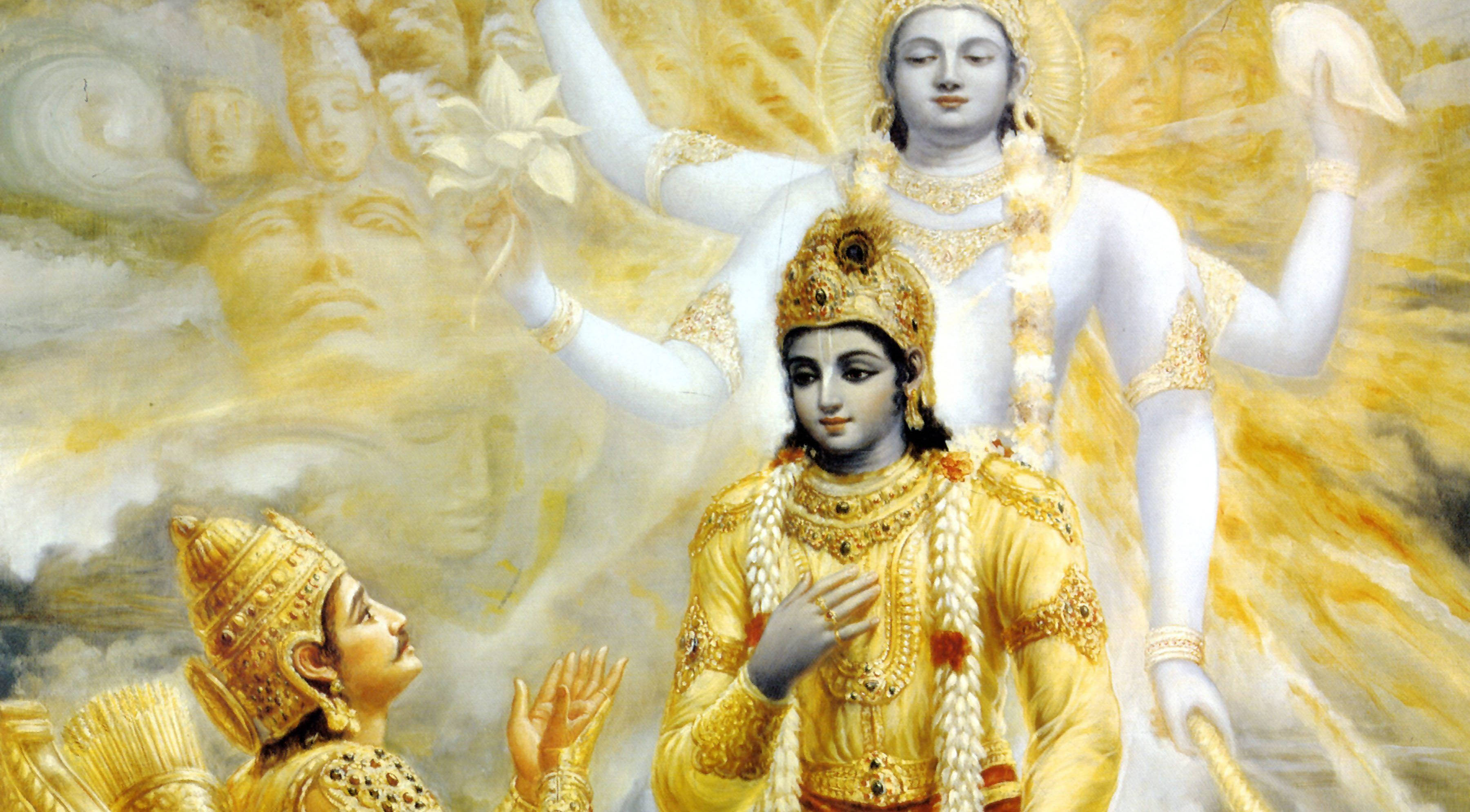 krishna ji 桌布 壁紙 — 一位身穿金色服飾的神聖人物站在一位多臂、帶光環的耀眼白色神明面前，被天界生物環繞在神聖的光芒中。